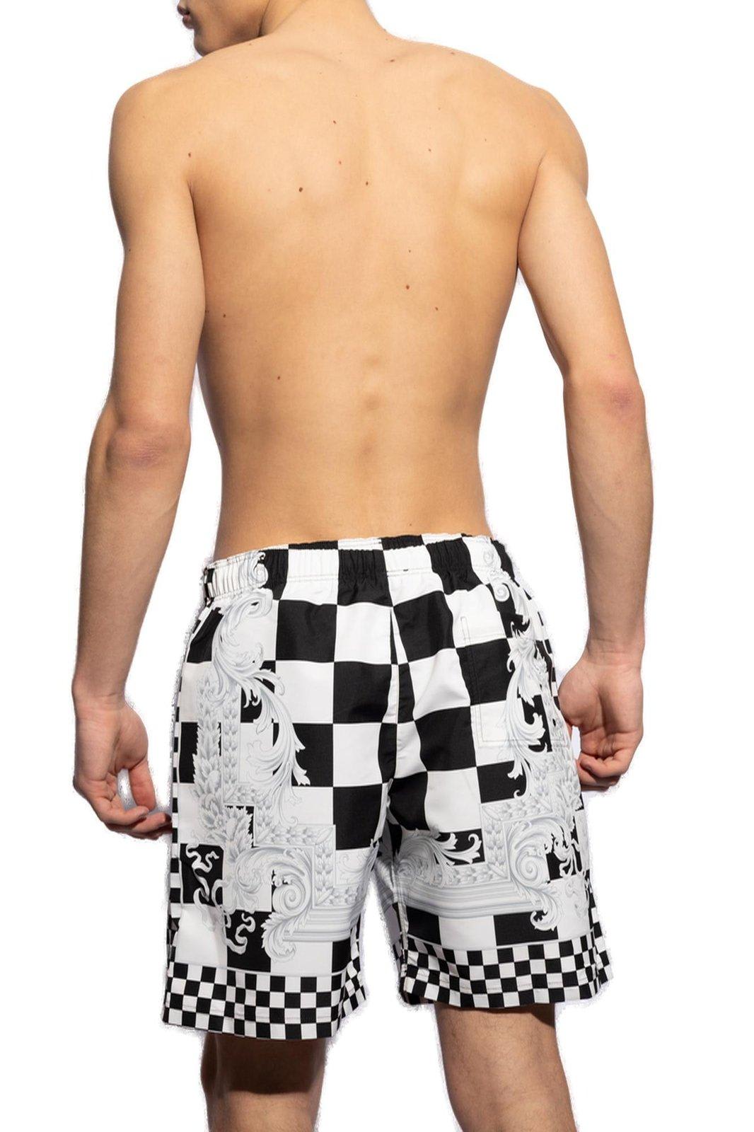 Shop Versace Check-printed Drawstring Swim Shorts In Nero E Bianco