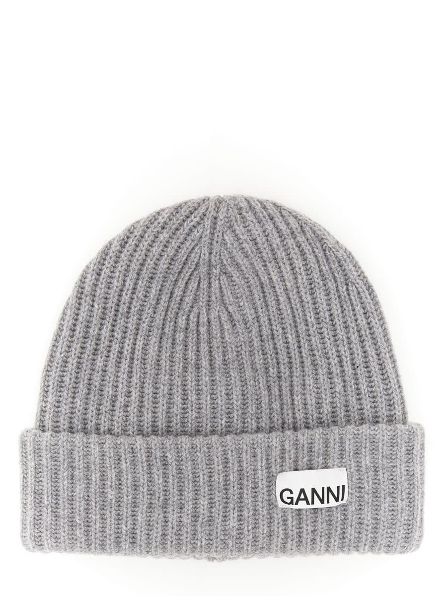 Ganni Beanie Hat With Logo In Brown