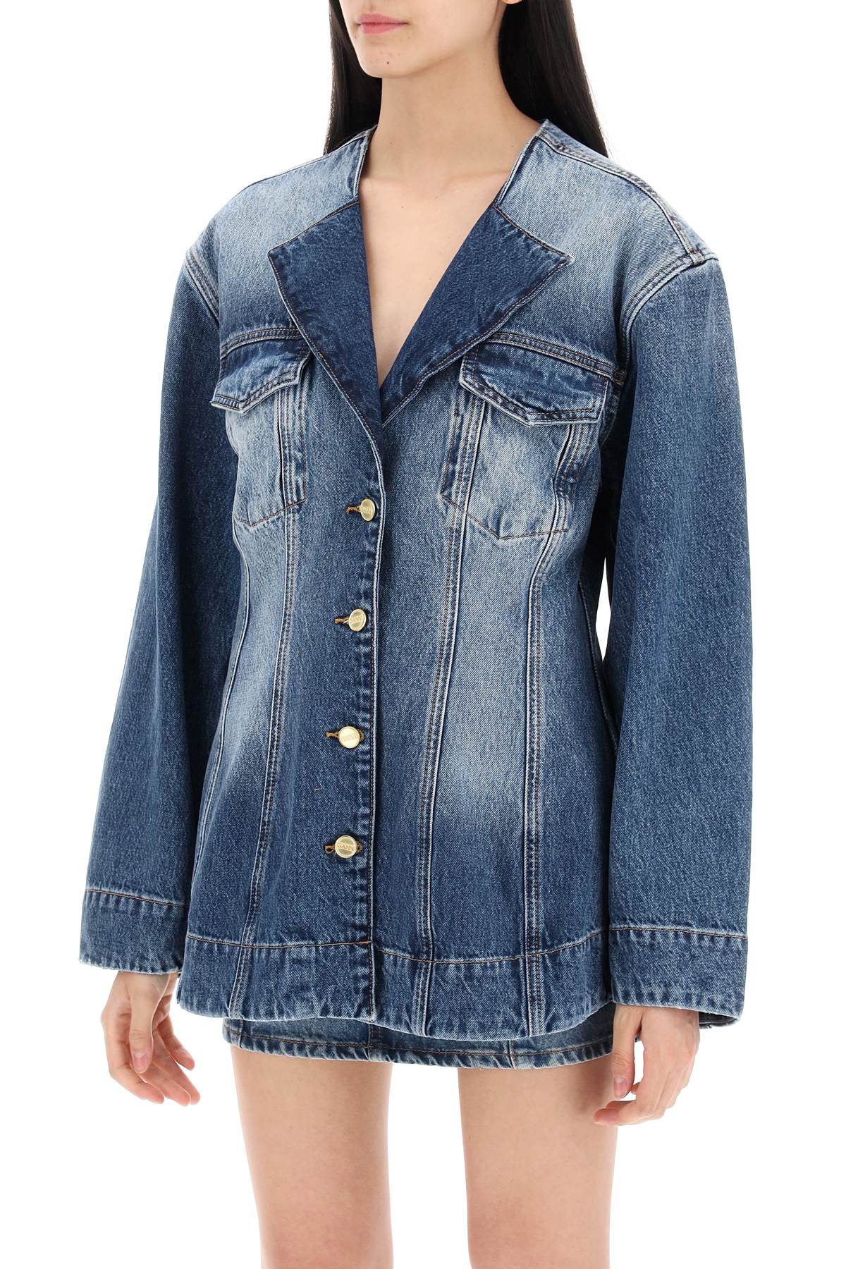 Shop Ganni Denim Blazer With Sparkle In Tint Wash (blue)