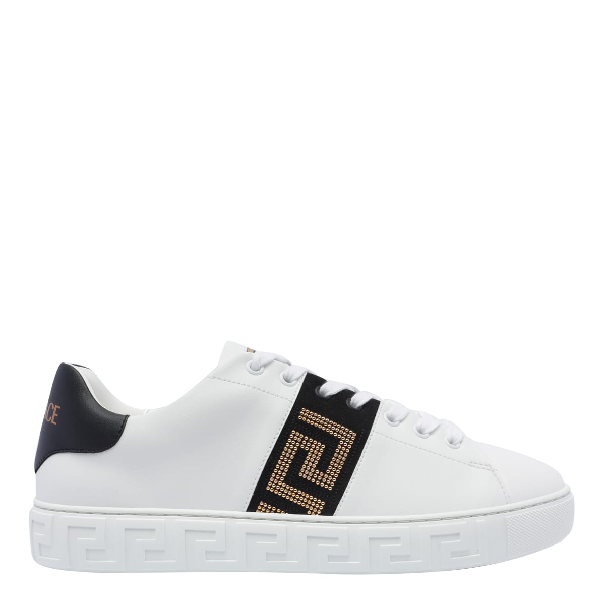 Shop Versace Studded Greca Sneakers In White