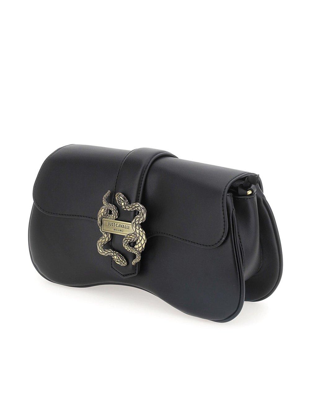 Shop Just Cavalli Metallic Snake-detailed Foldover Top Crossbody Bag In Black