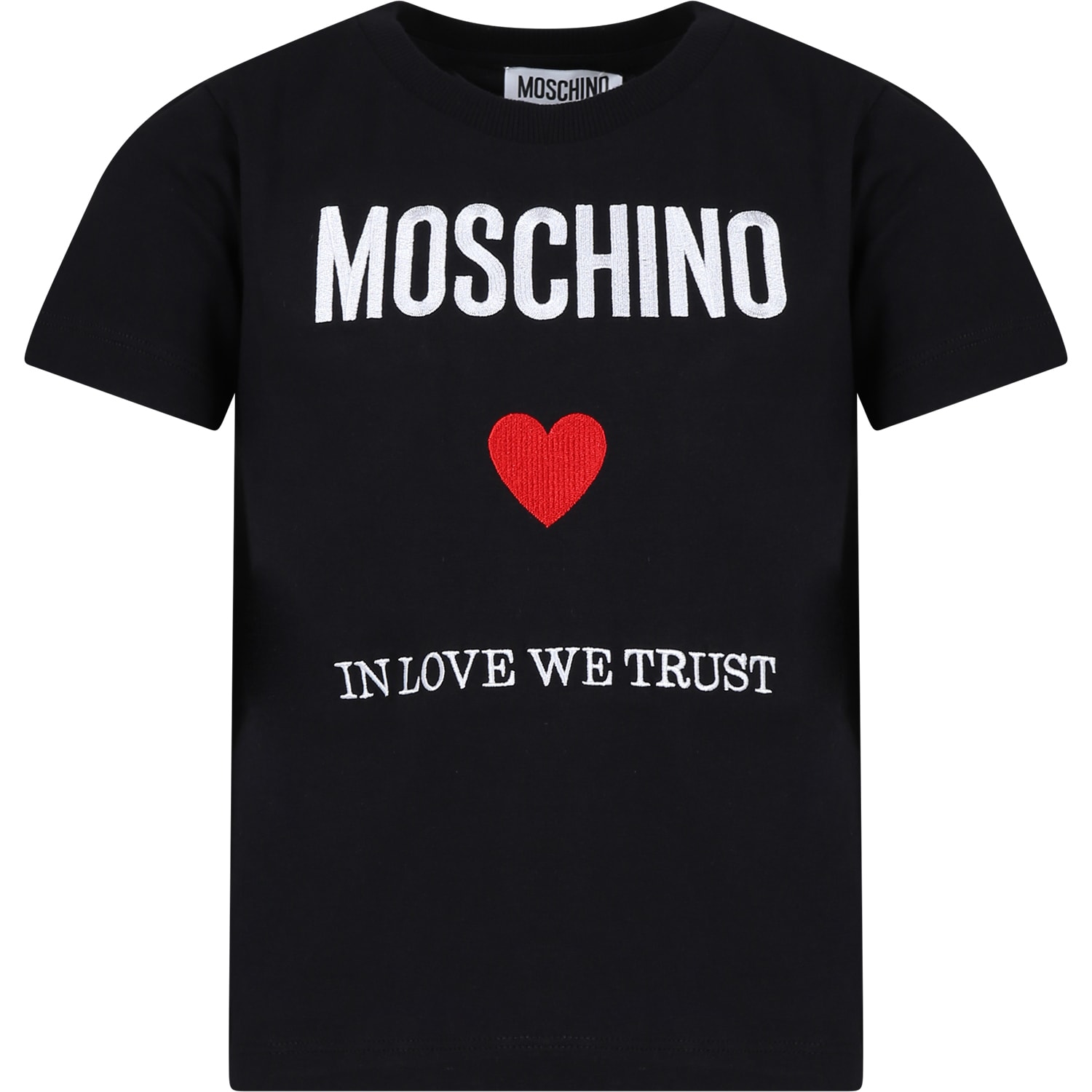 Moschino Kids' Black T-shirt For Girl With Logo And Red Heart In Nero