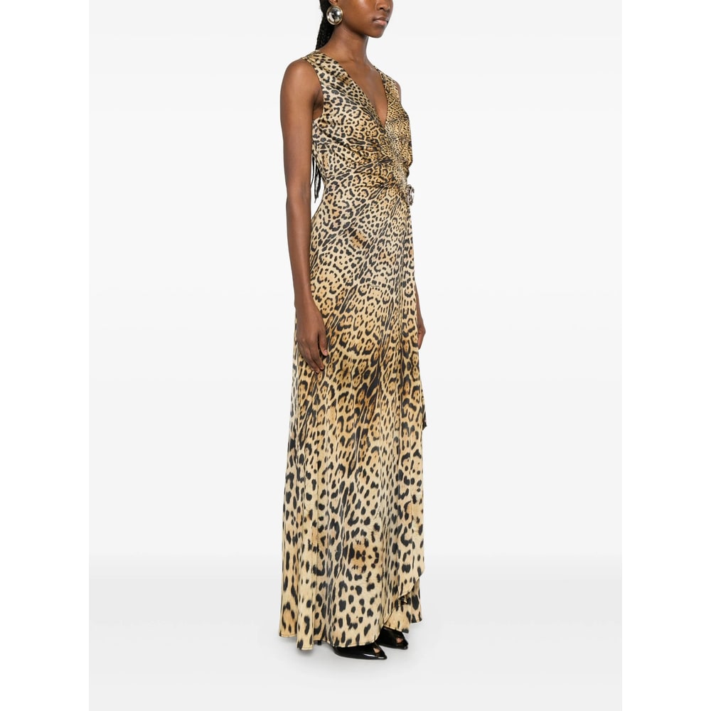 Roberto Cavalli Long Dress With Jaguar Skin Print In Brown