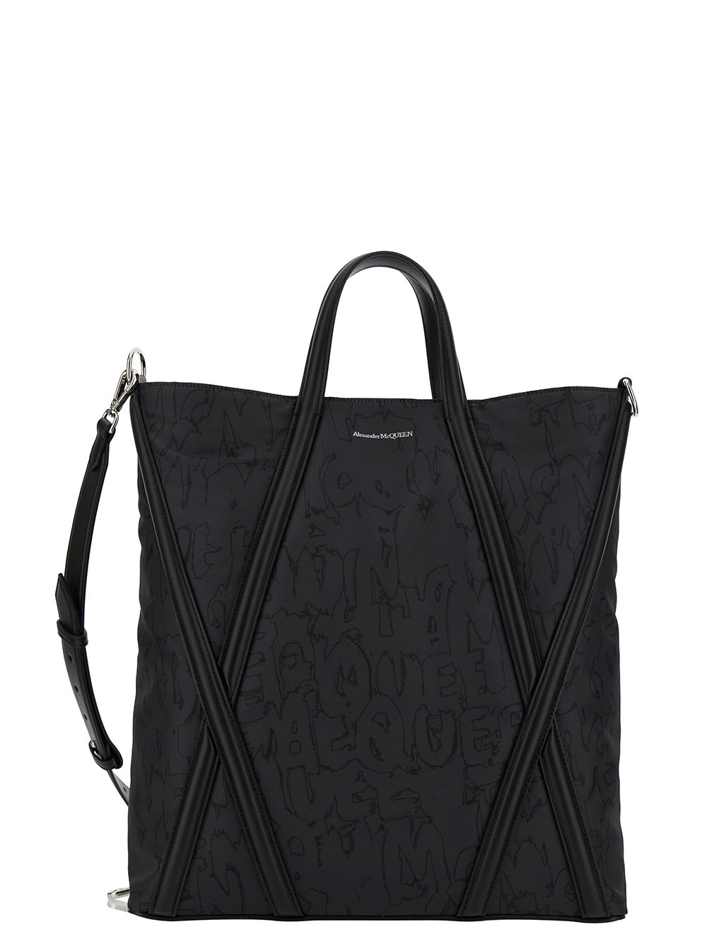 Shop Alexander Mcqueen The Harness Black Tote Bag With Logo Detail In Nylon Man