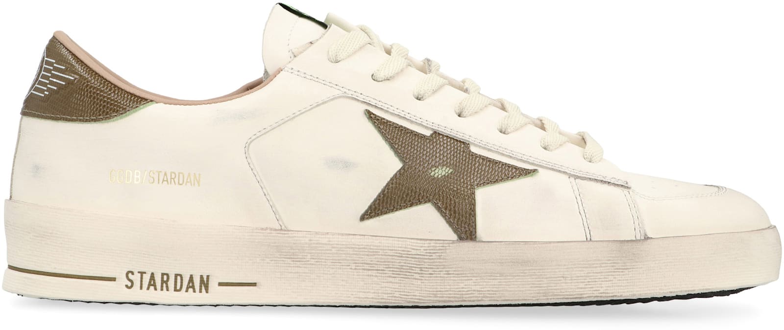 Golden Goose Stardan White Leather Sneakers With Green Star And Heel In White