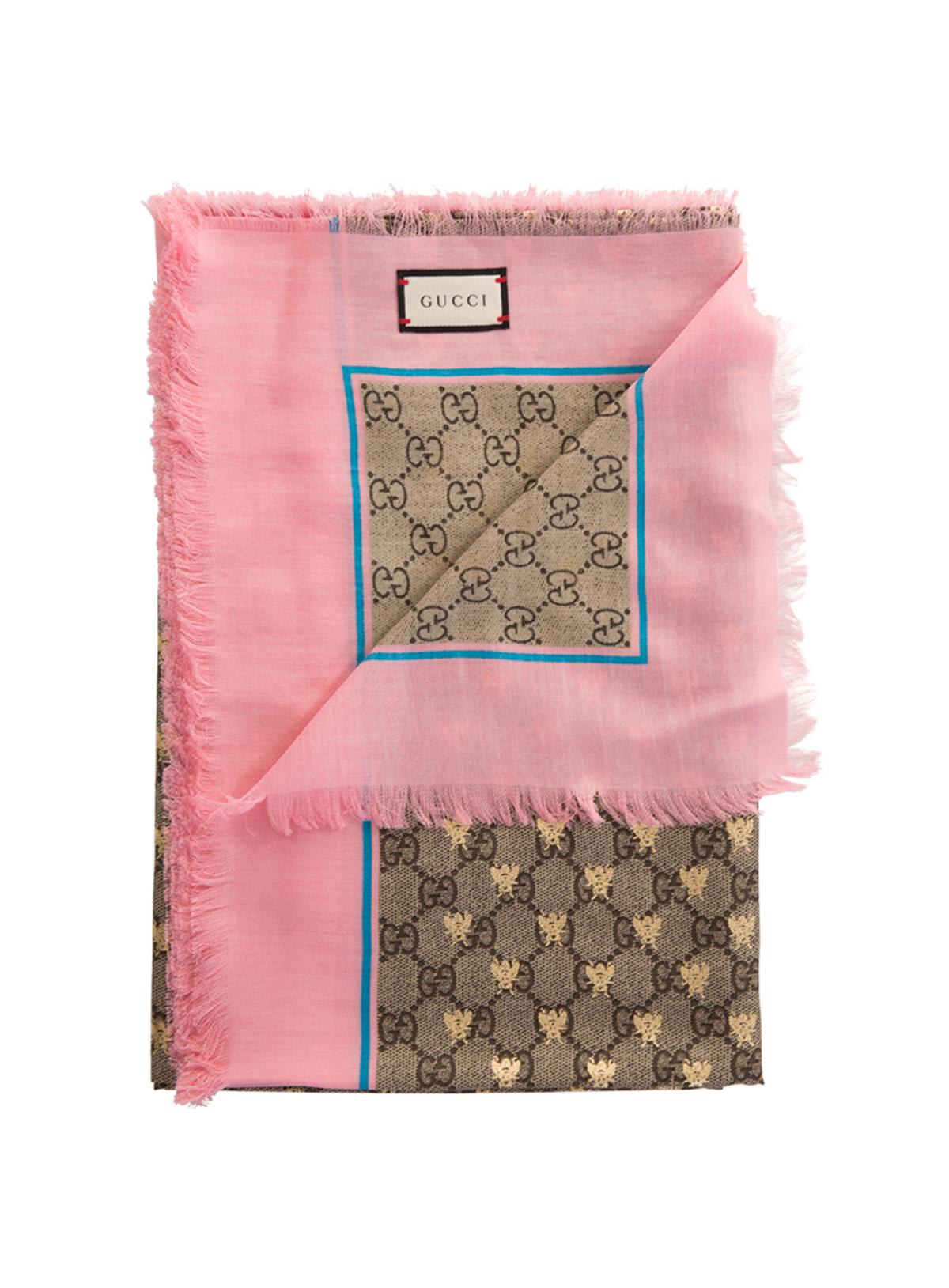 Gucci Modal Silk Shawl With Gg Bees Motif In Rosa