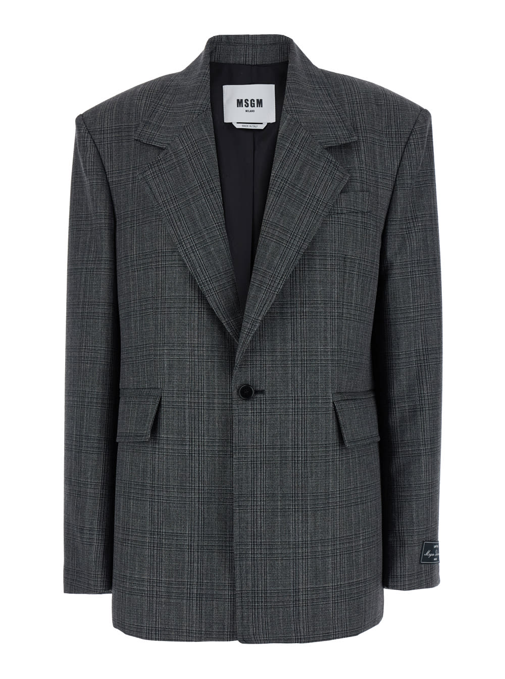 Shop Msgm Grey Double-breasted Jacket With Peak Revers And All-over Check Motif In Wool Woman