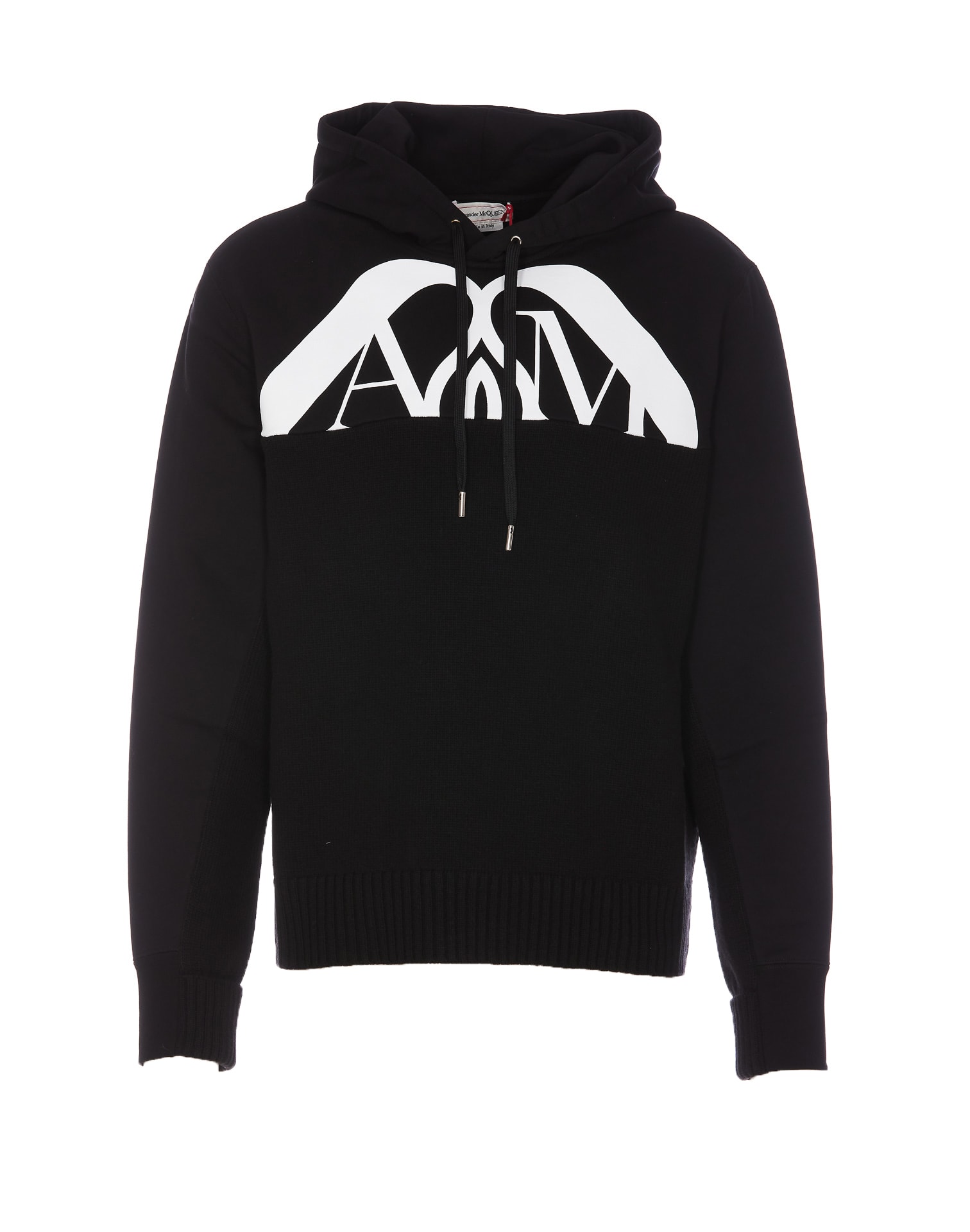 Alexander Mcqueen Drawstring Hooded Sweater With Ribbed Hem And Cuffs In Black