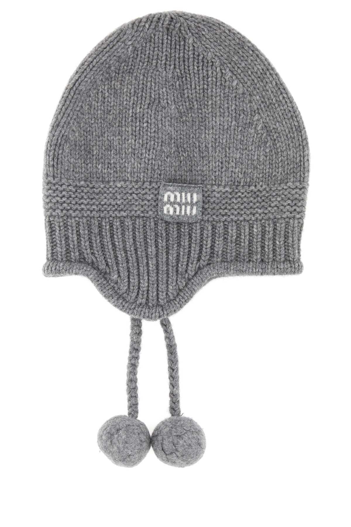 Miu Miu Cozy Knit Beanie Hat With Ear Flaps In Gray