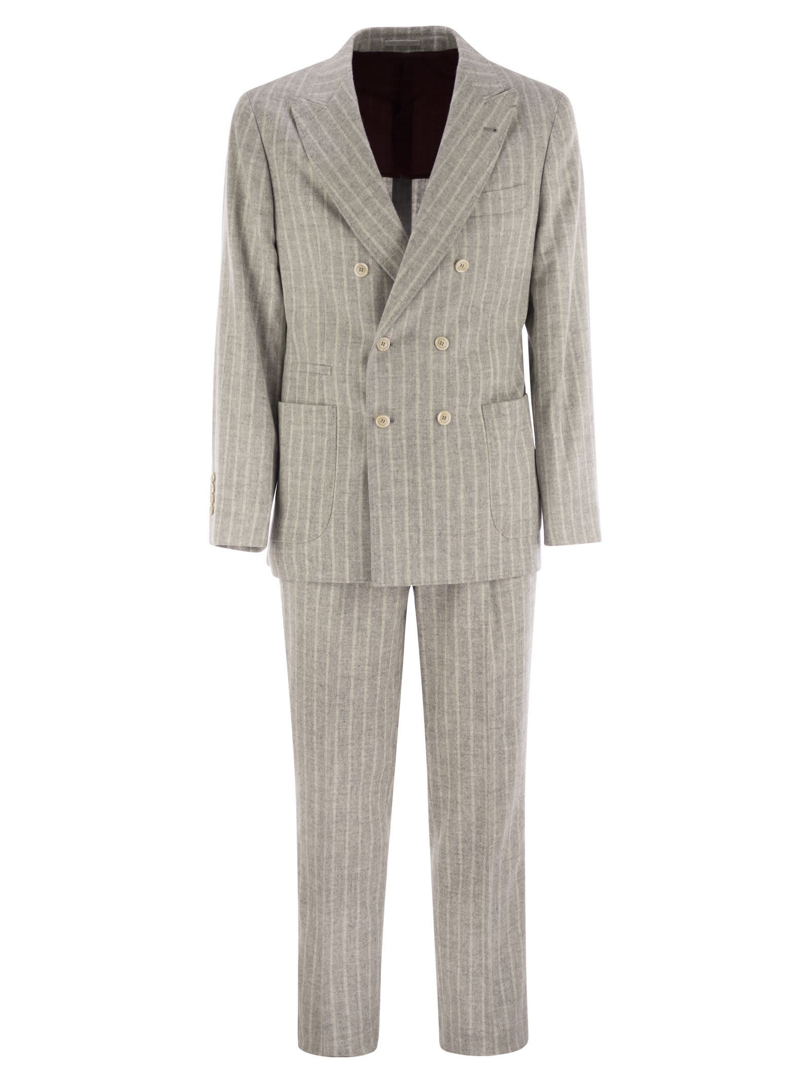 Shop Brunello Cucinelli Pinstripe Suit Of Alpaca And Comfort Wool In Light Grey