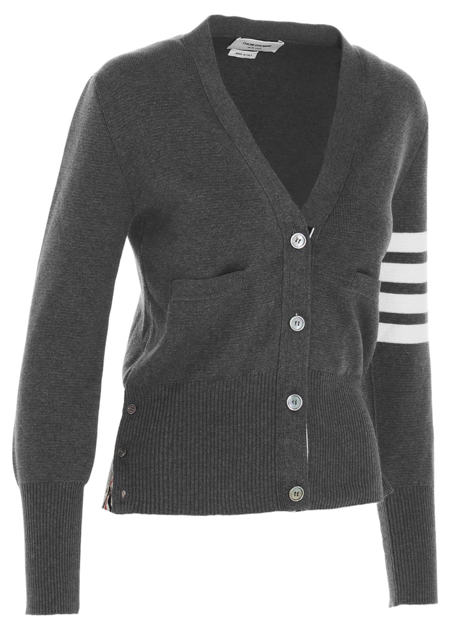 Thom Browne V-neck Grey Virgin Wool Cardigan In Med Grey