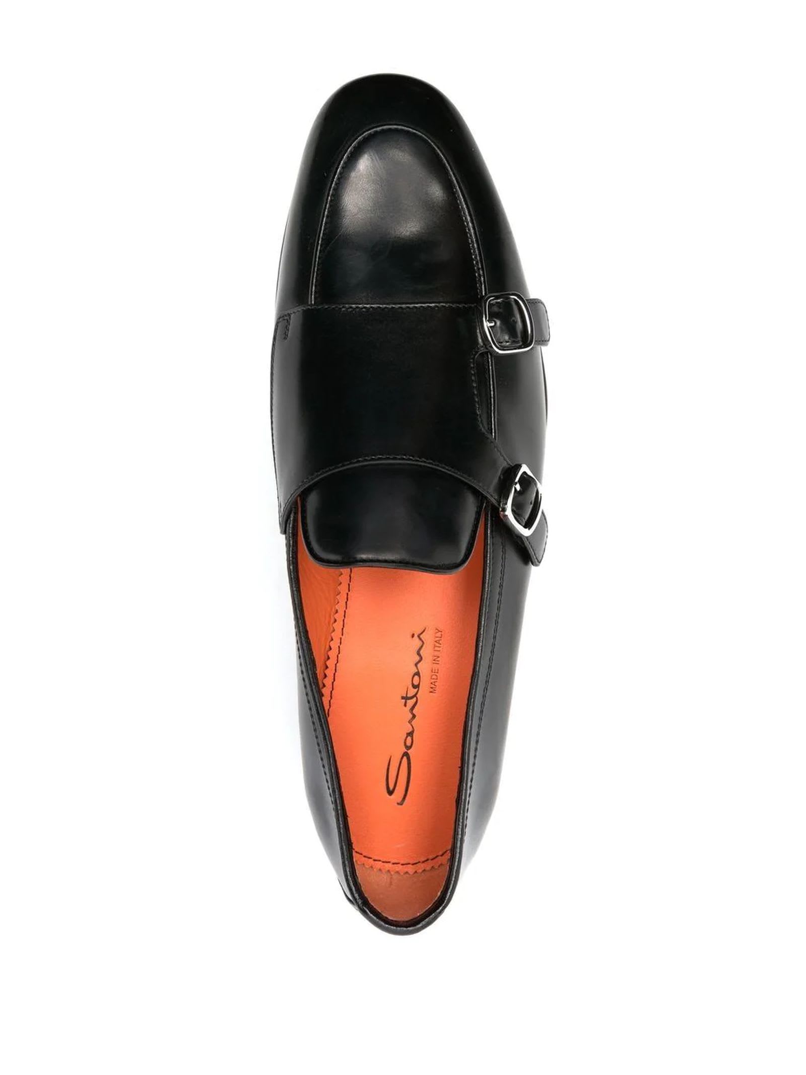 Shop Santoni Black Leather Monk Loafers