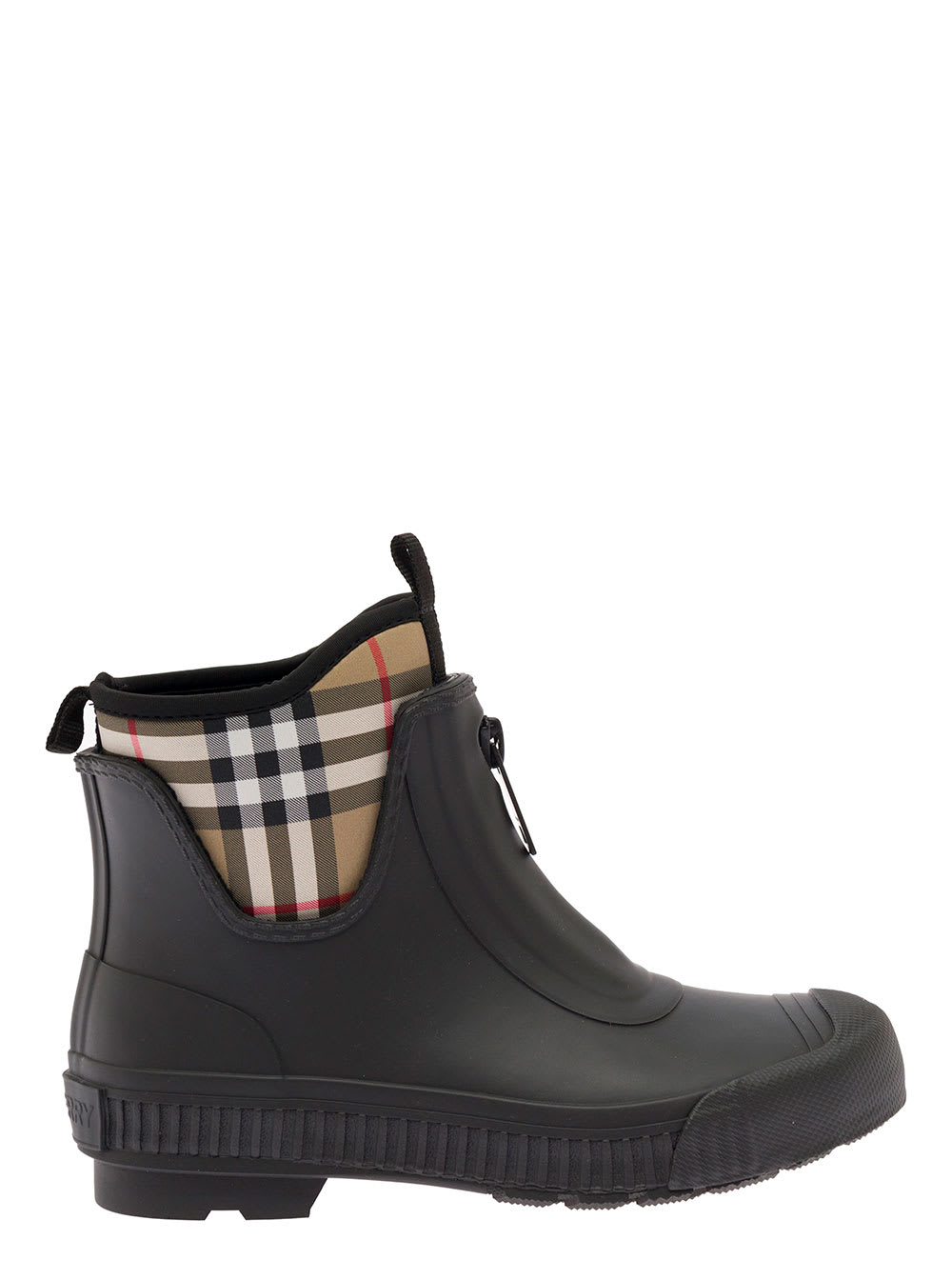 Burberry Womans Black Rubber Boots With Vintage Check Inserts