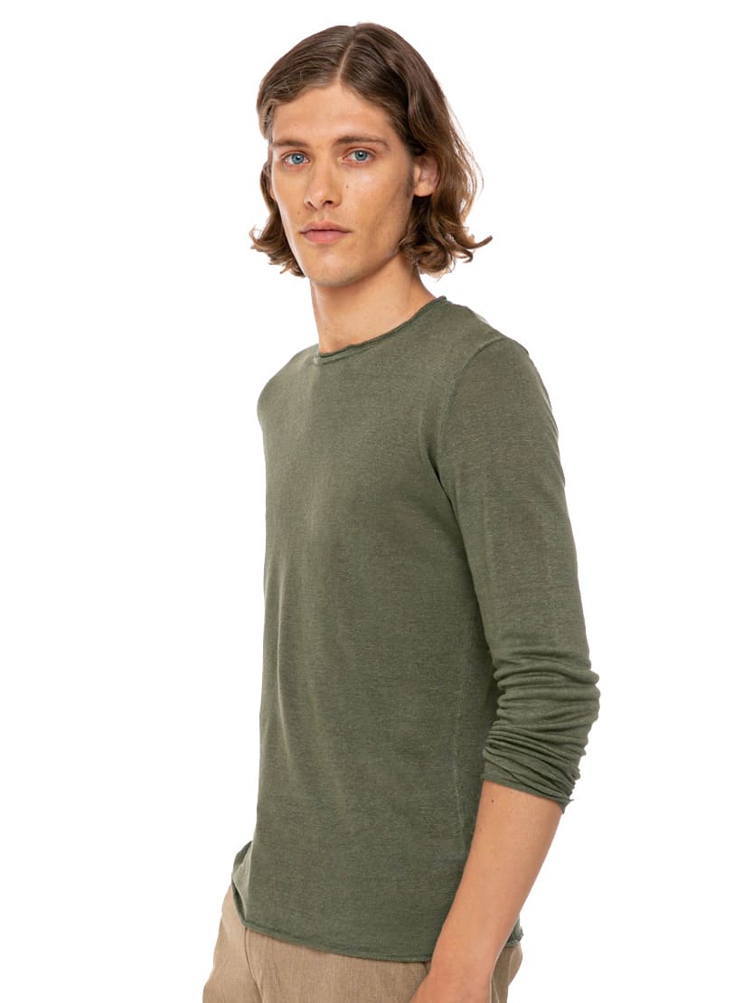 Mc2 Saint Barth Military Green Linen Man T-shirt Long Sleeves