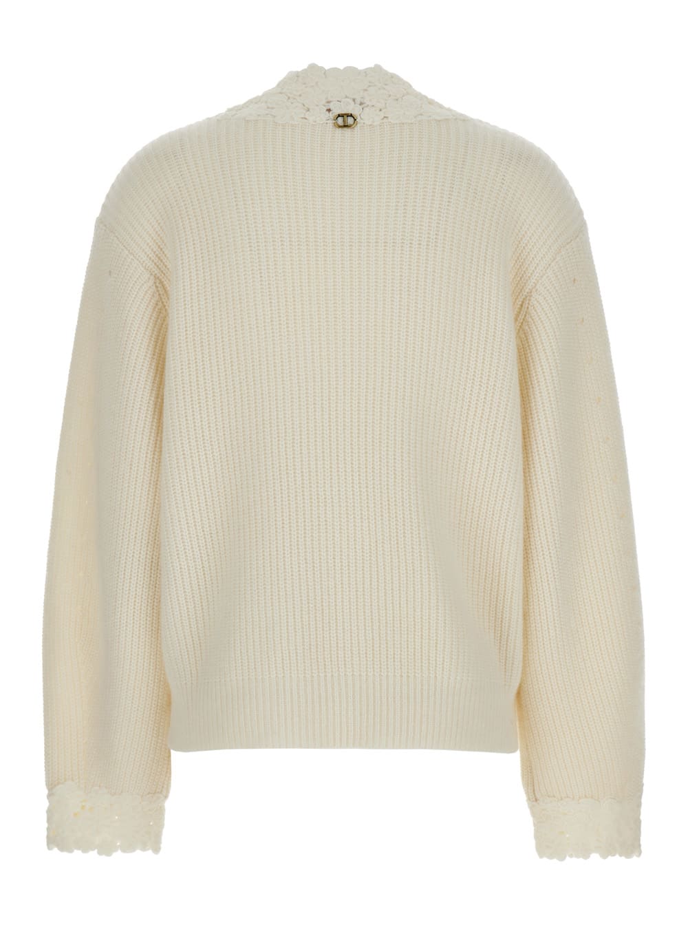Shop Twinset White Embroidered Sweater With V-neck In Wool Blend Woman In Cream