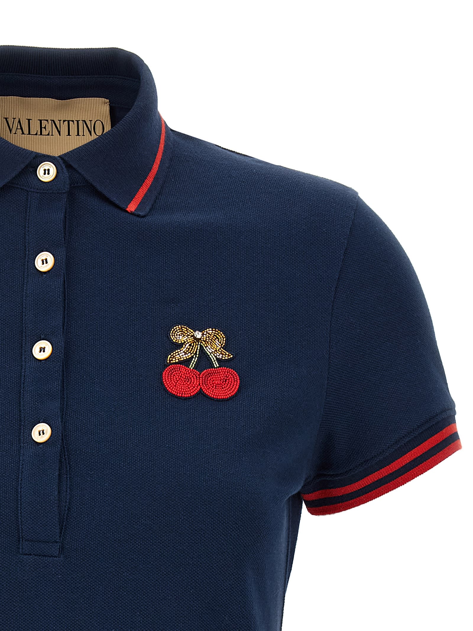 Valentino Cherry Embroidery Polo With Contrast Trim In Blue