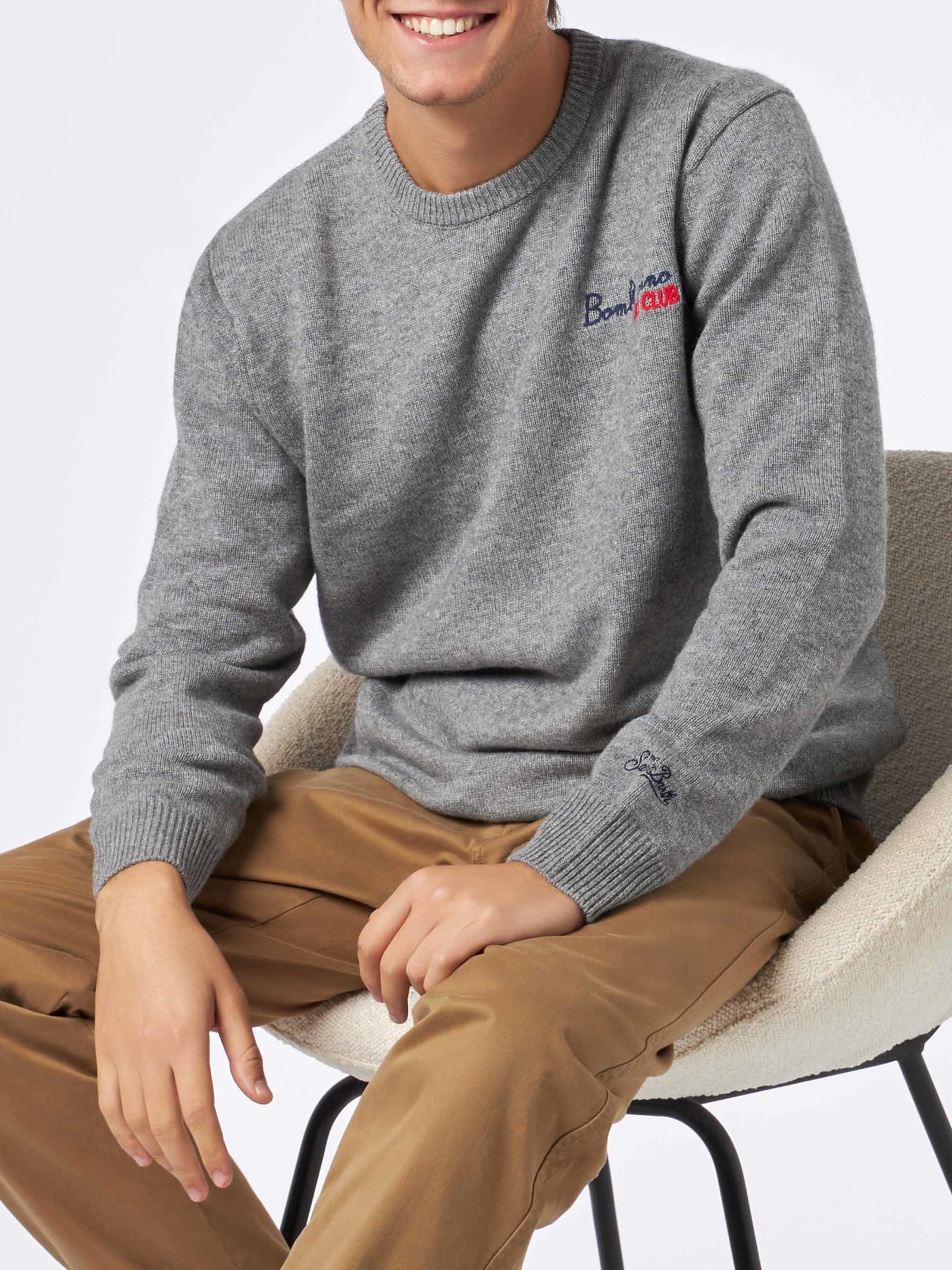 Mc2 Saint Barth Man Crewneck Sweater With Bombardino Ski Club Embroidery In Grey