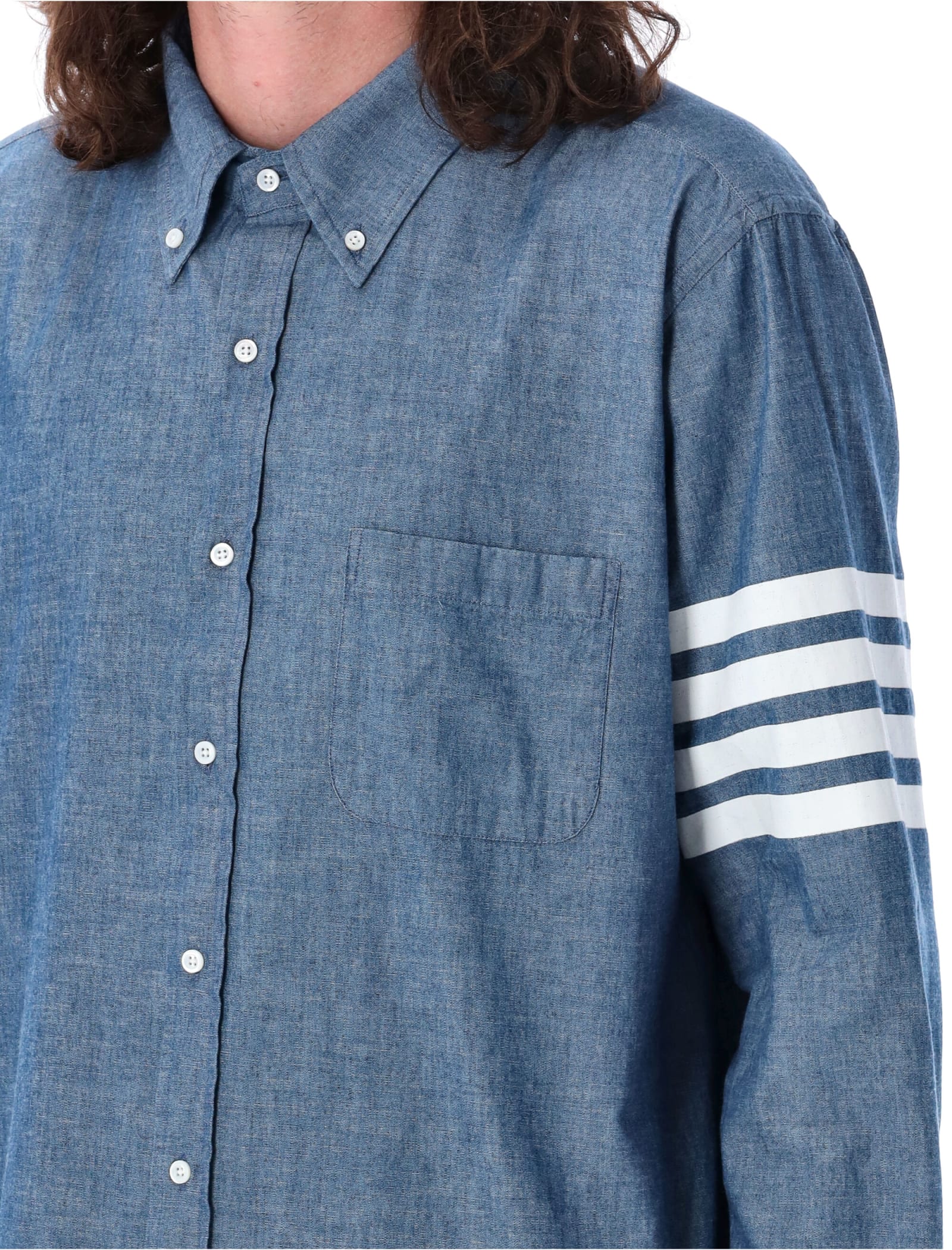 Shop Thom Browne Straight Fit Shirt With 4bar In Chambray In Blue