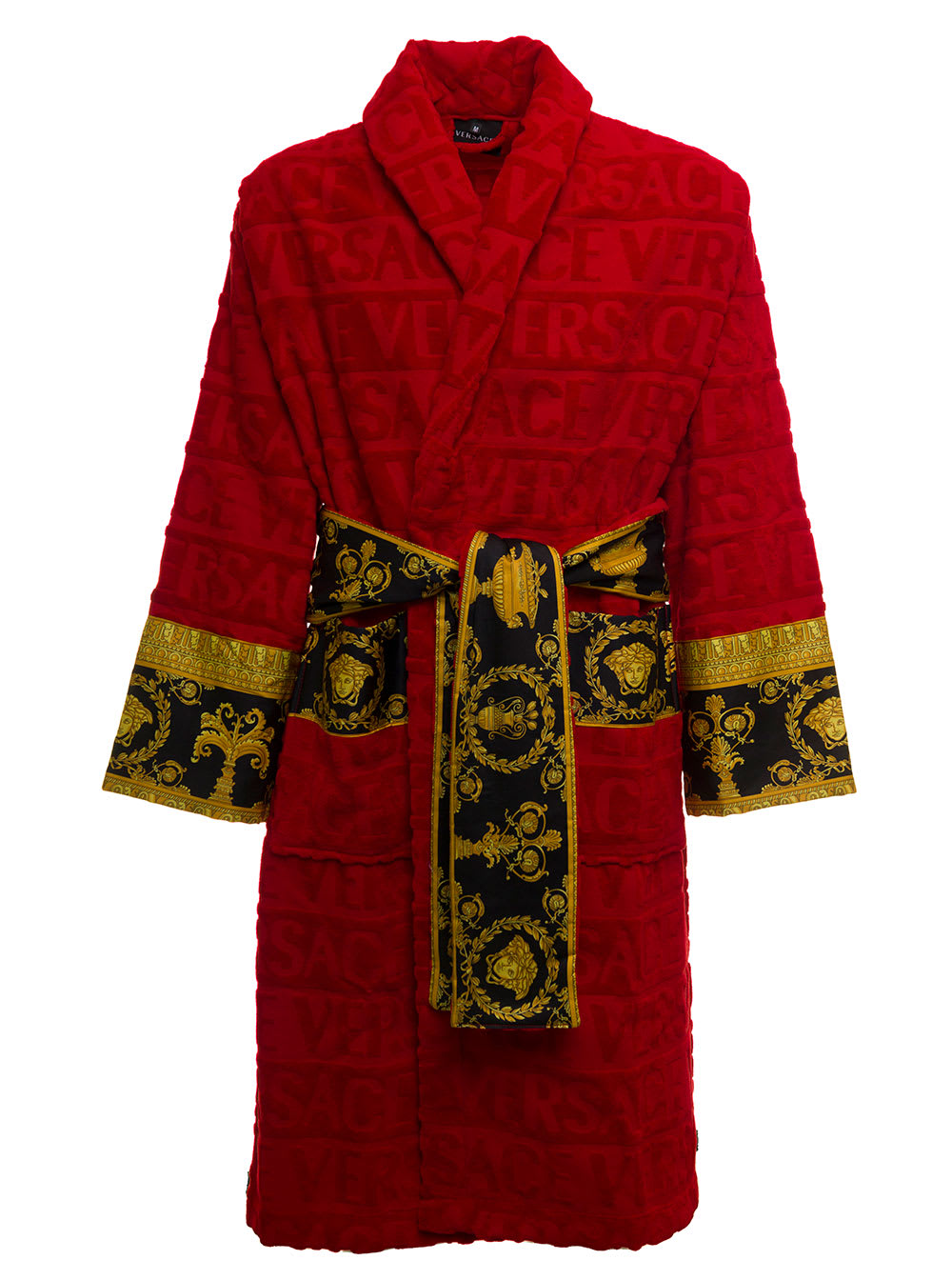 Homes Red Terry Cotton Bathrobe With Baroque Detail