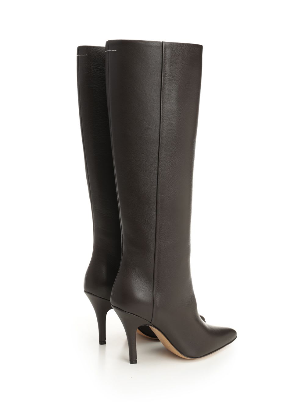 Mm6 Maison Margiela Mm6 By Maison Margiela Pointed Toe Knee-high Boot With White Stitch Detail In Black