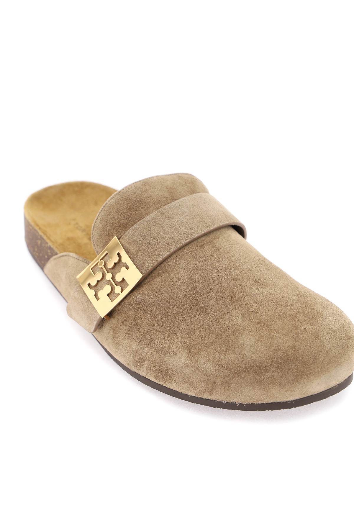 Tory Burch Mellow Logo Shearling Flat Mules In River Rock Gold (brown)