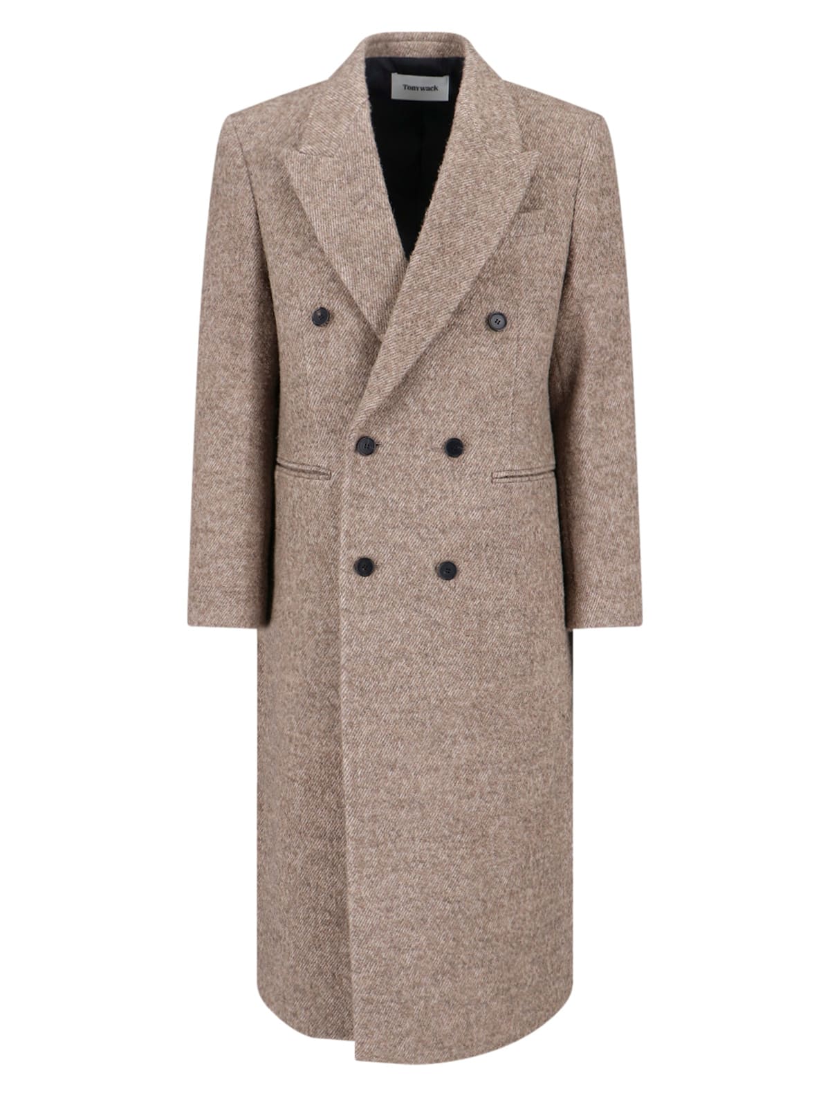 Tonywack Double-breasted Beige Wool Coat With Herringbone Texture In Brown
