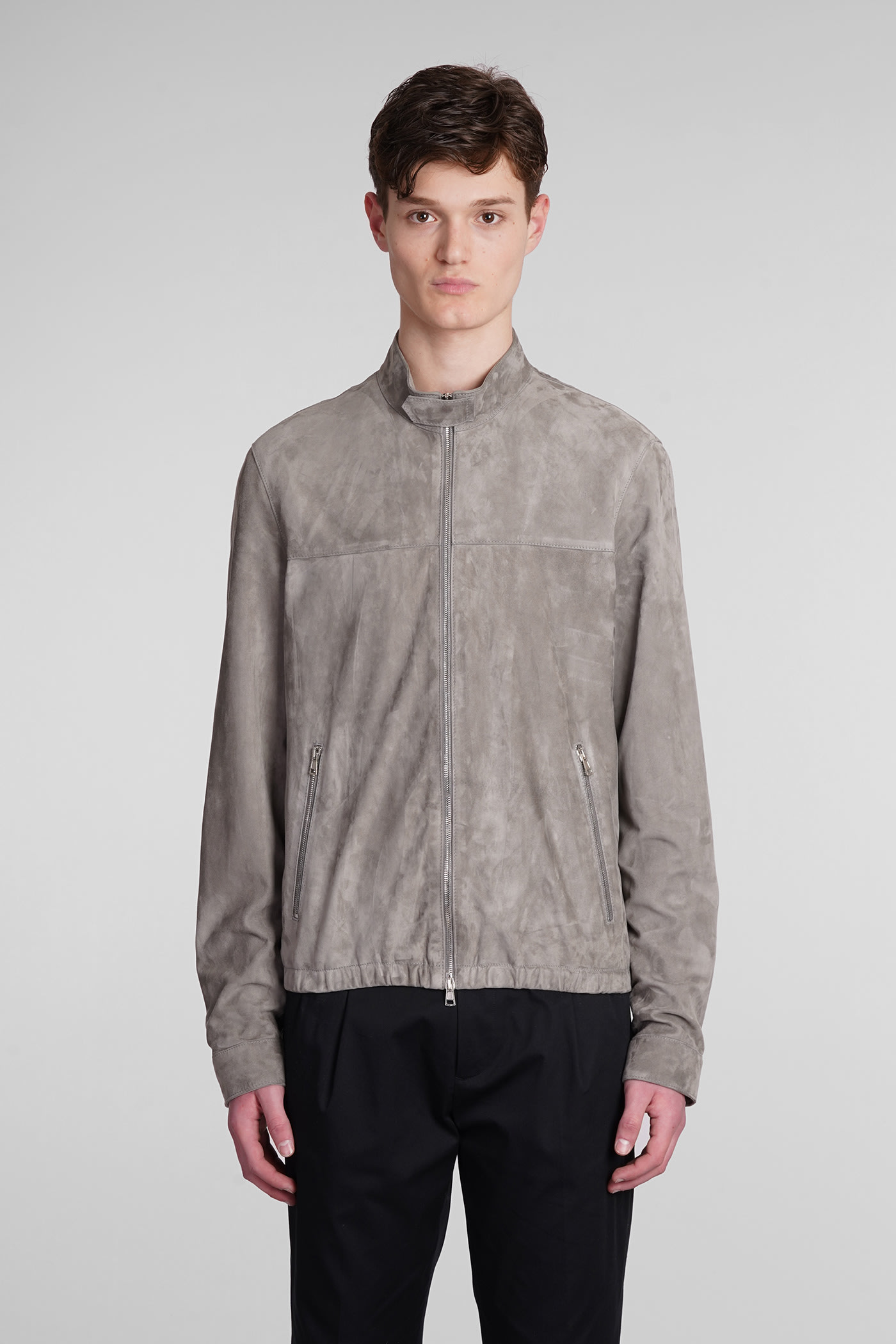 Shop Low Brand Bomber In Grey Suede