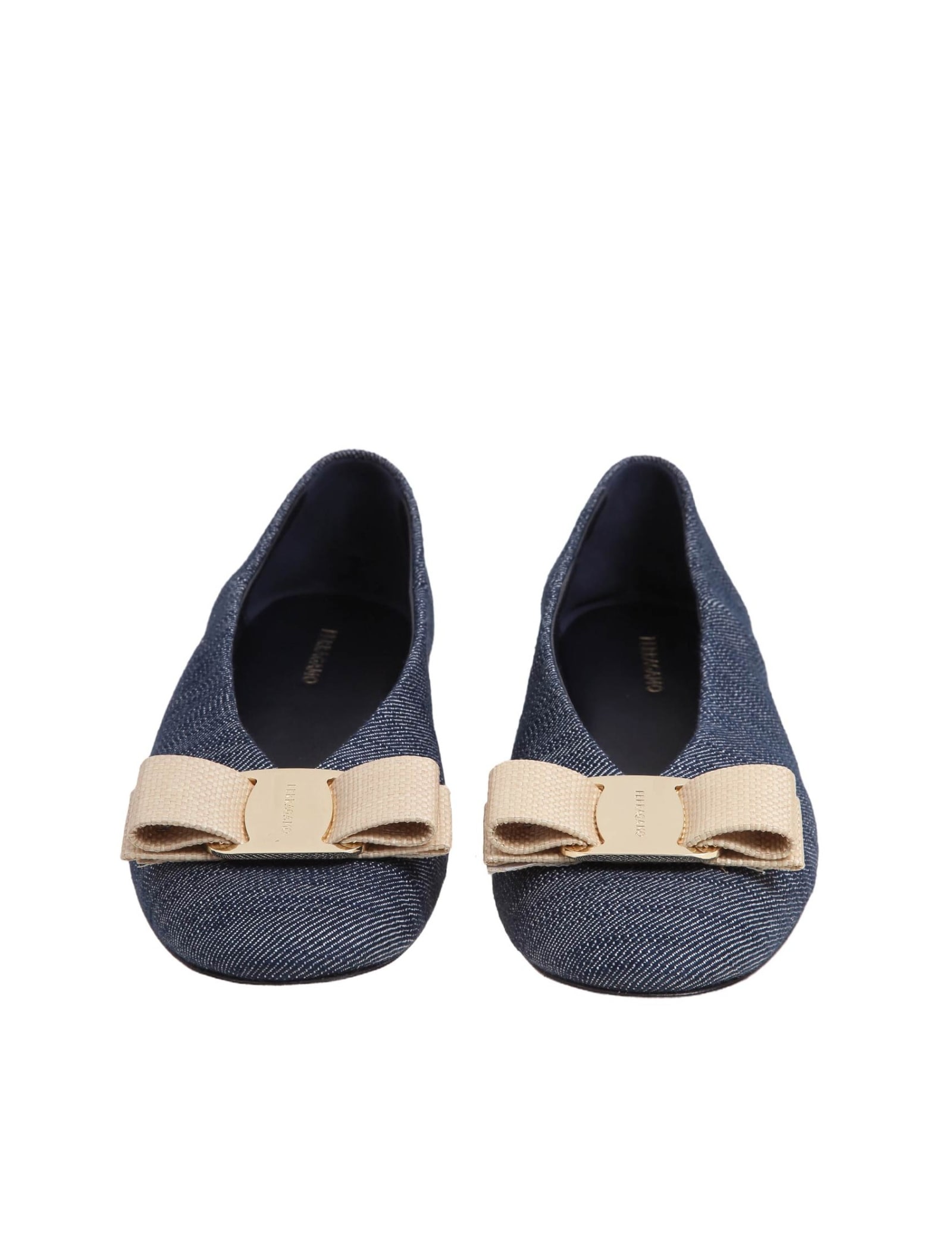 Shop Ferragamo Vanna Ballerina In Denim With Vara Bow