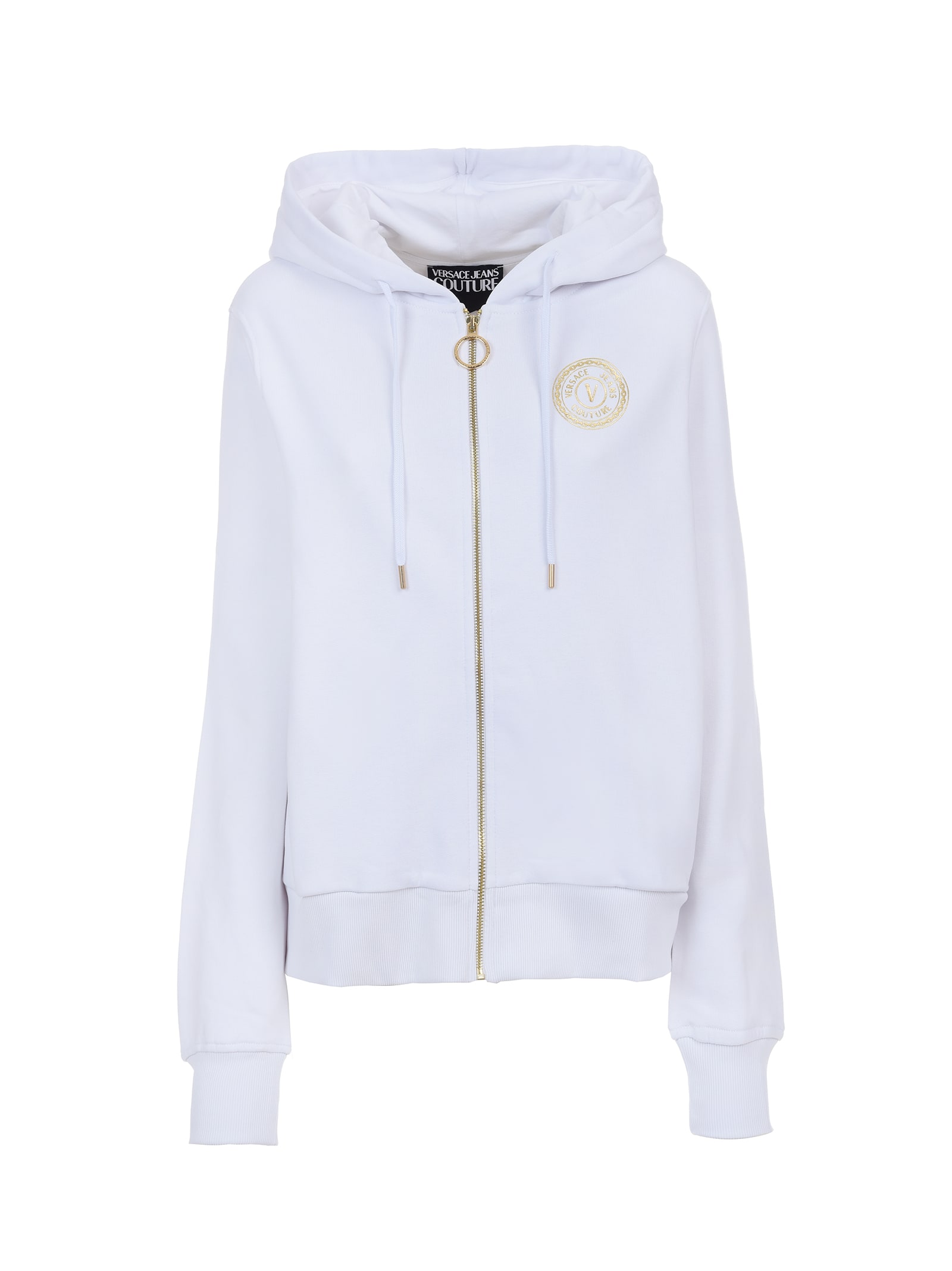 Versace Jeans Couture White Hoodie With Zip With V-emblem Gold Logo