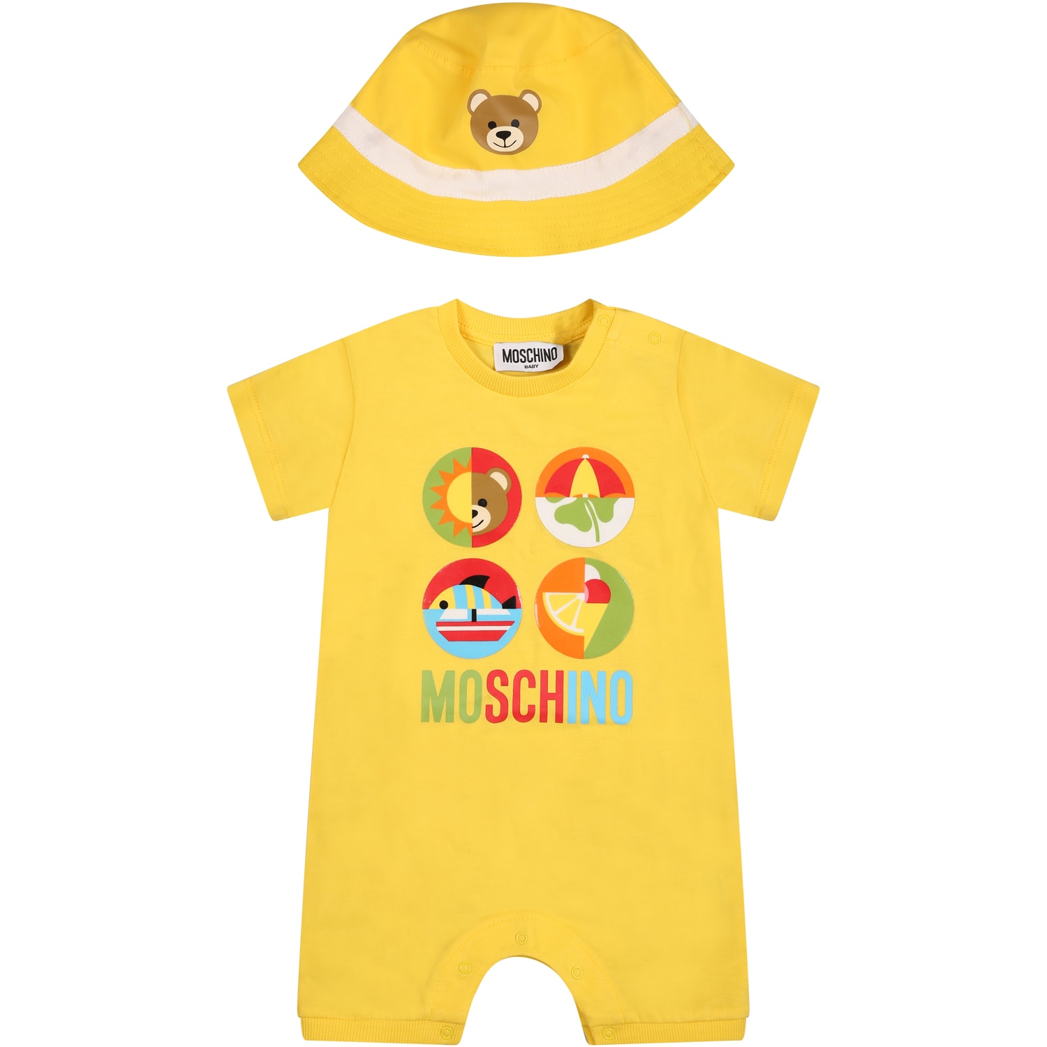 MOSCHINO YELLOW SET FOR BABIES WITH PRINT AND TEDDY BEAR