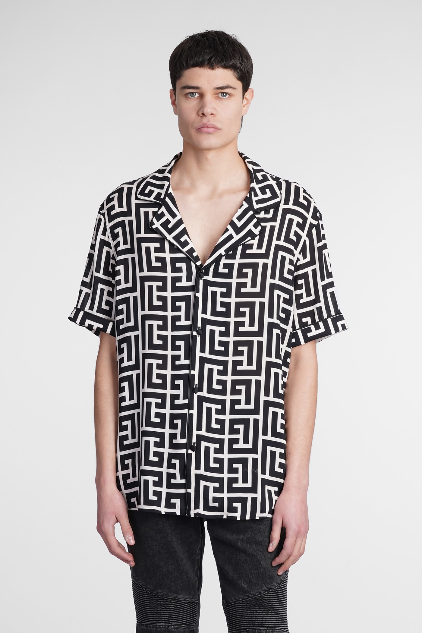 Balmain Monogram-print Short-sleeved Shirt In Black | ModeSens