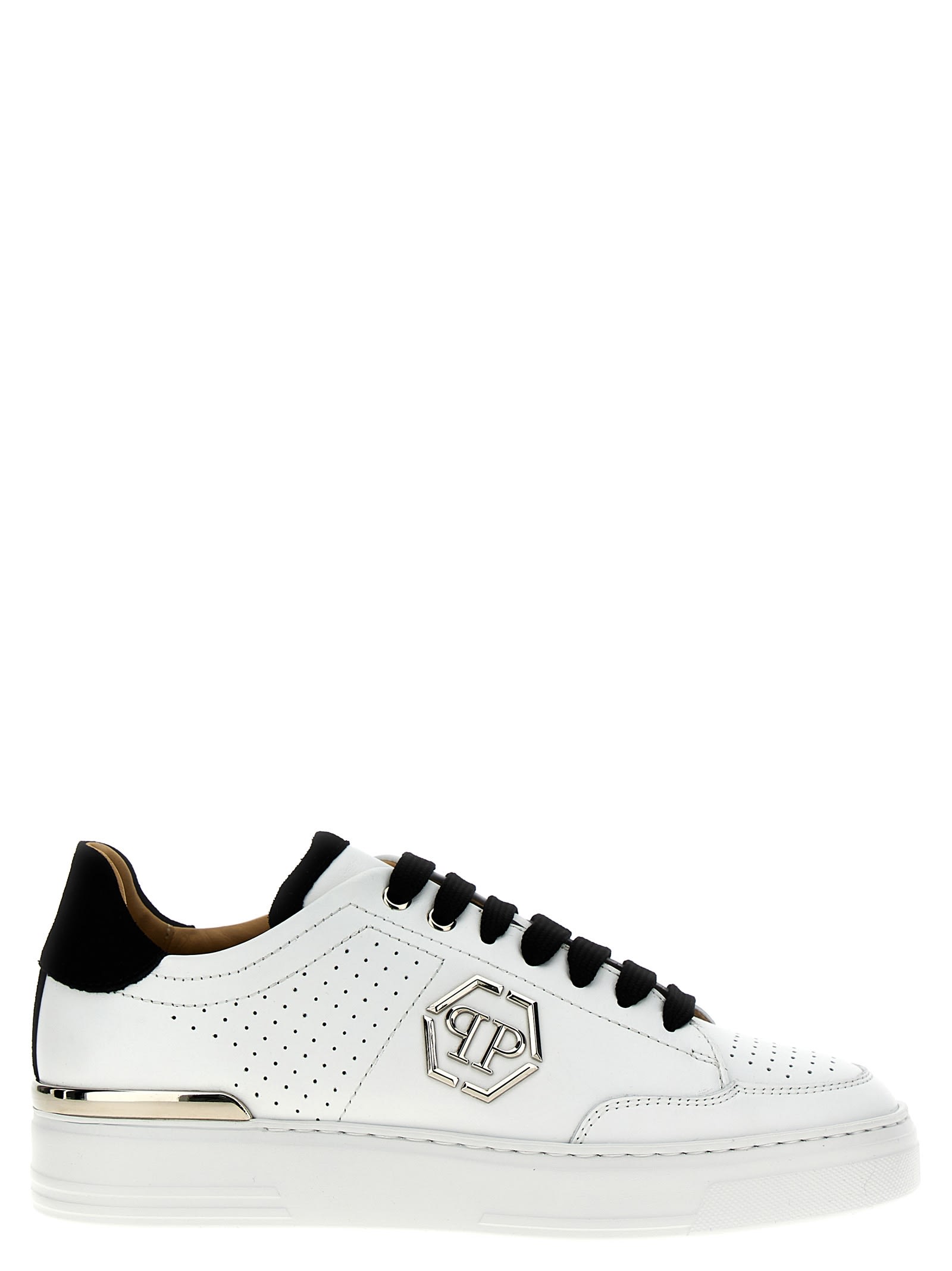Shop Philipp Plein Mix Leather Lo-top Sneakers In White/black