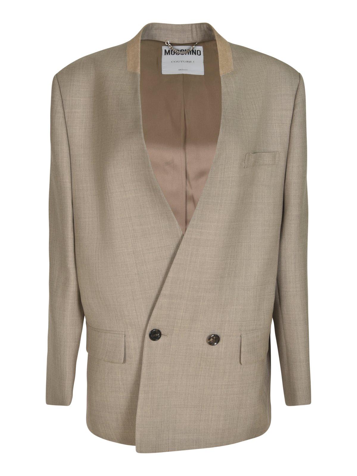 Shop Moschino Double-breasted Loose-fit Blazer In Beige