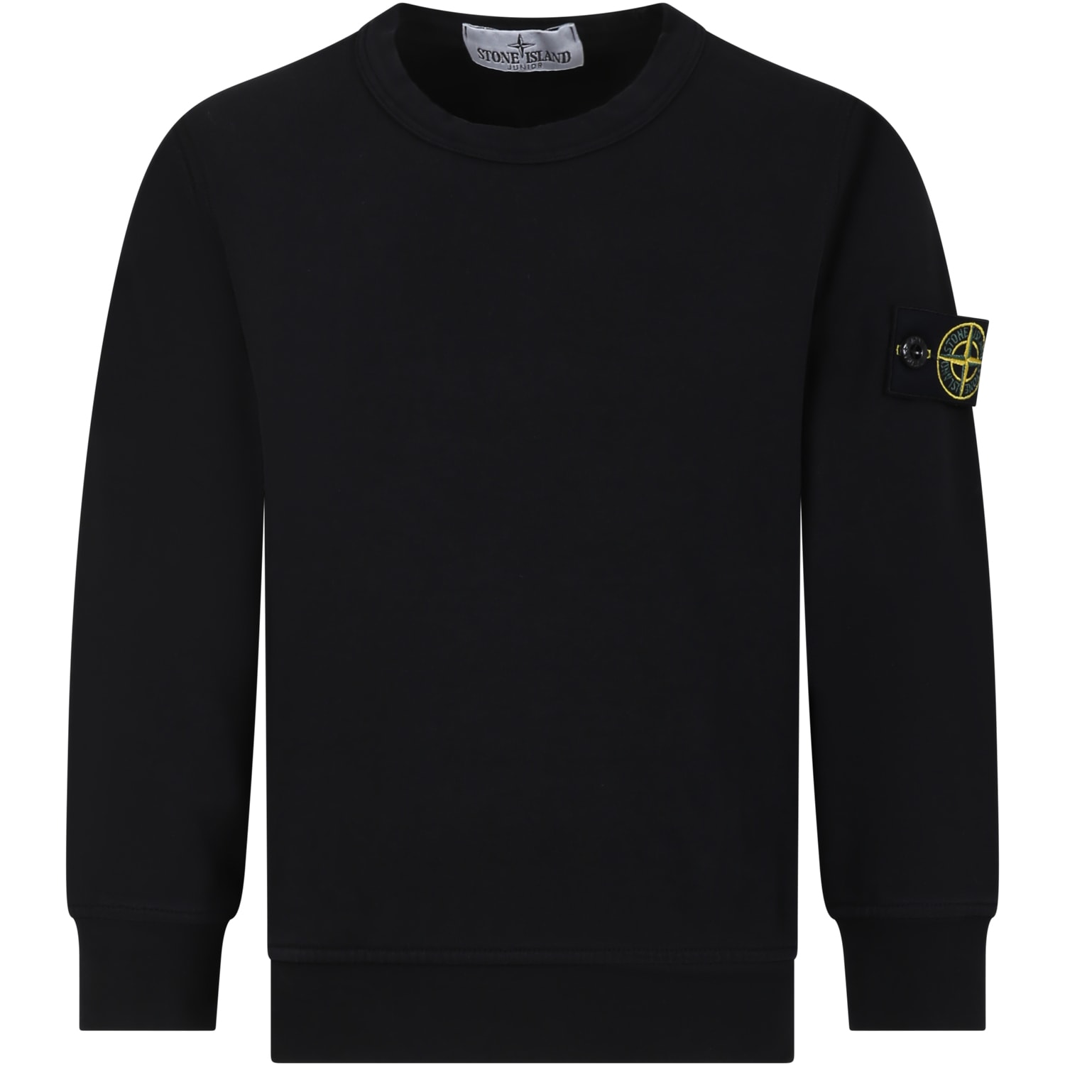 STONE ISLAND JUNIOR BLACK SWEATSHIRT FOR BOY WITH ICONIC LOGO