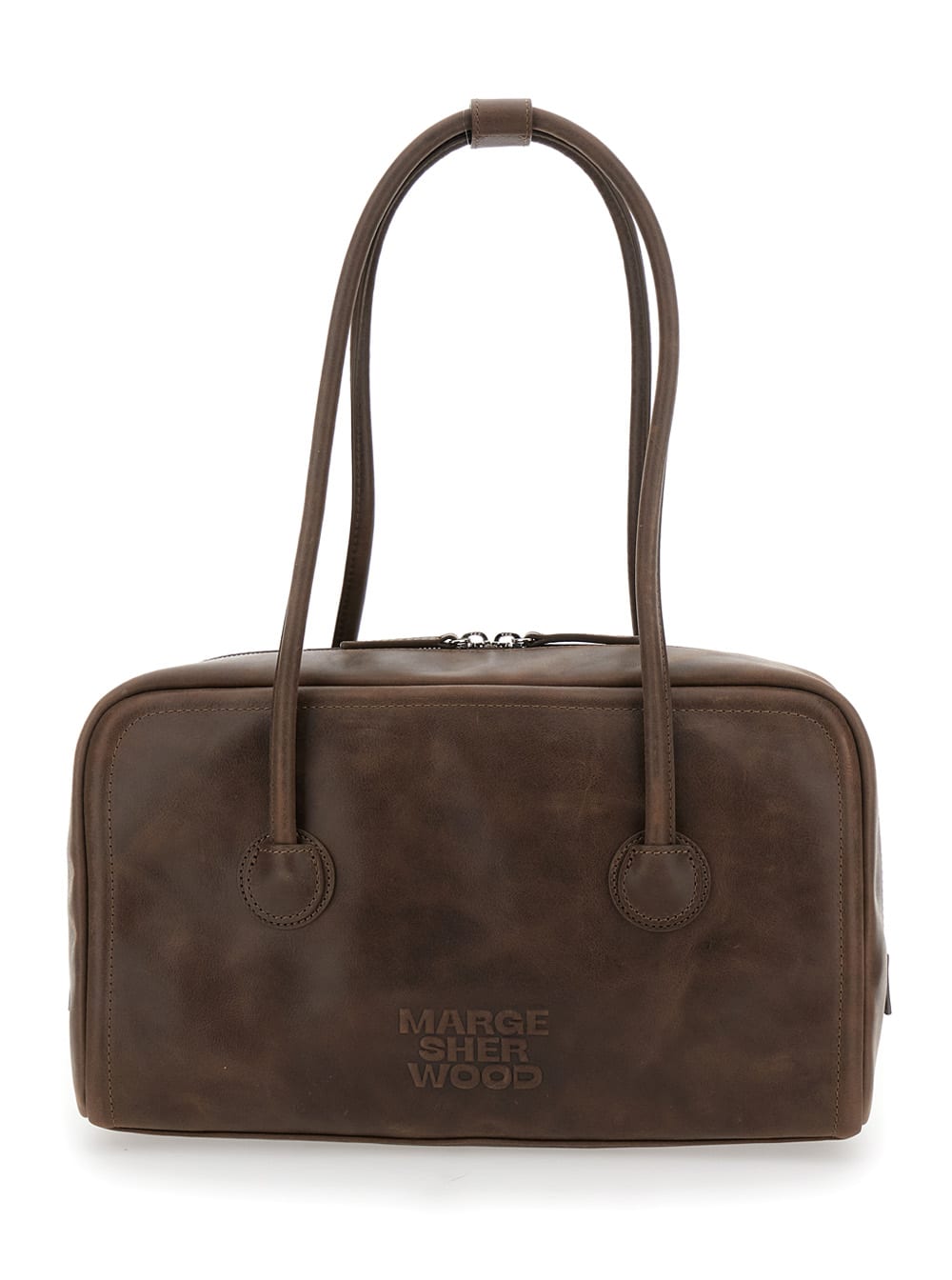 Marge Sherwood Soft Boston Brown Shoulder Bag With Embossed Logo Lettering On The Front And Two Top Handles In Leat