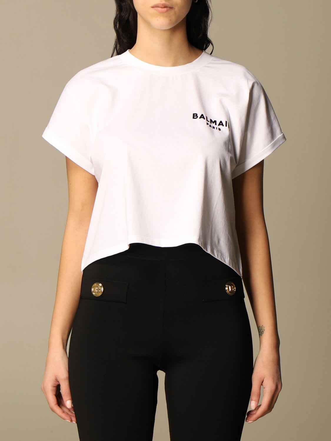 Click to view more detailed imagery on our partner's website Balmain Cropped Cotton T-shirt With Logo In White