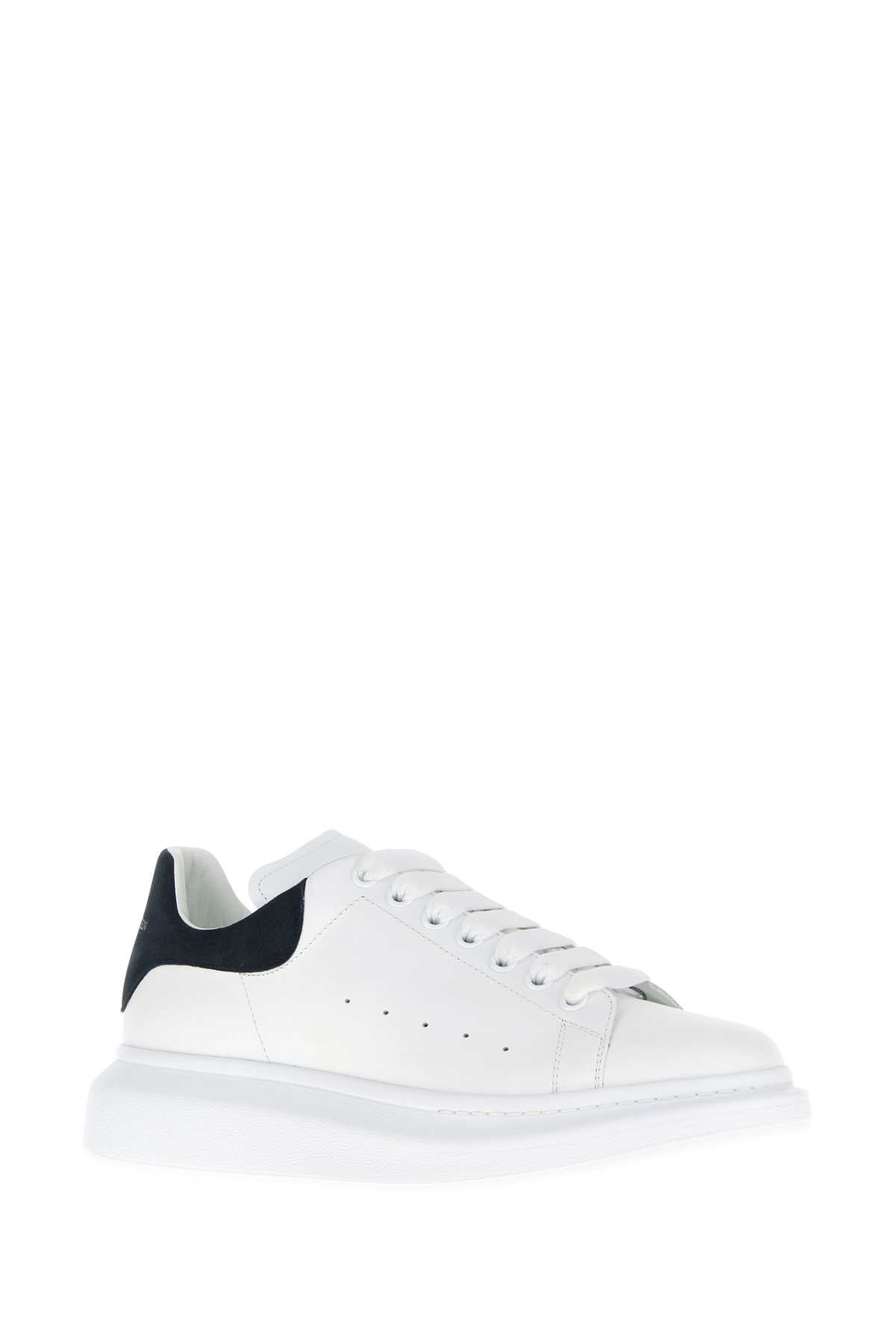 Alexander Mcqueen White Leather Sneakers With Dark Blue Suede Heel In White