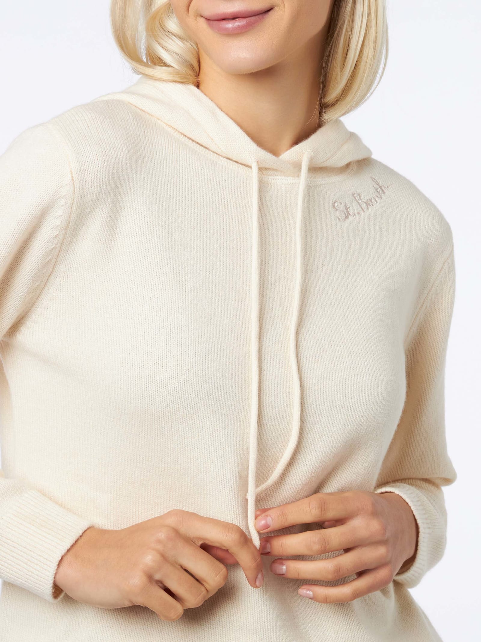 Mc2 Saint Barth Woman Off White Knitted Hoodie With St. Barth Embroidery In White