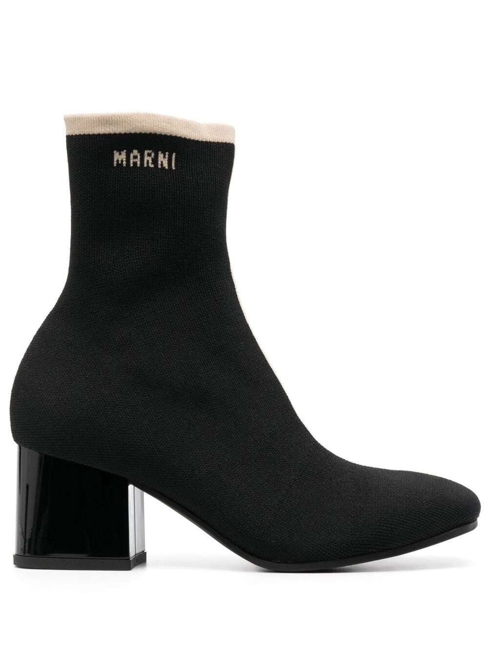 Shop Marni Black Ankle Boot In Leather With Medium And Wide Heel Ecru-colored Details