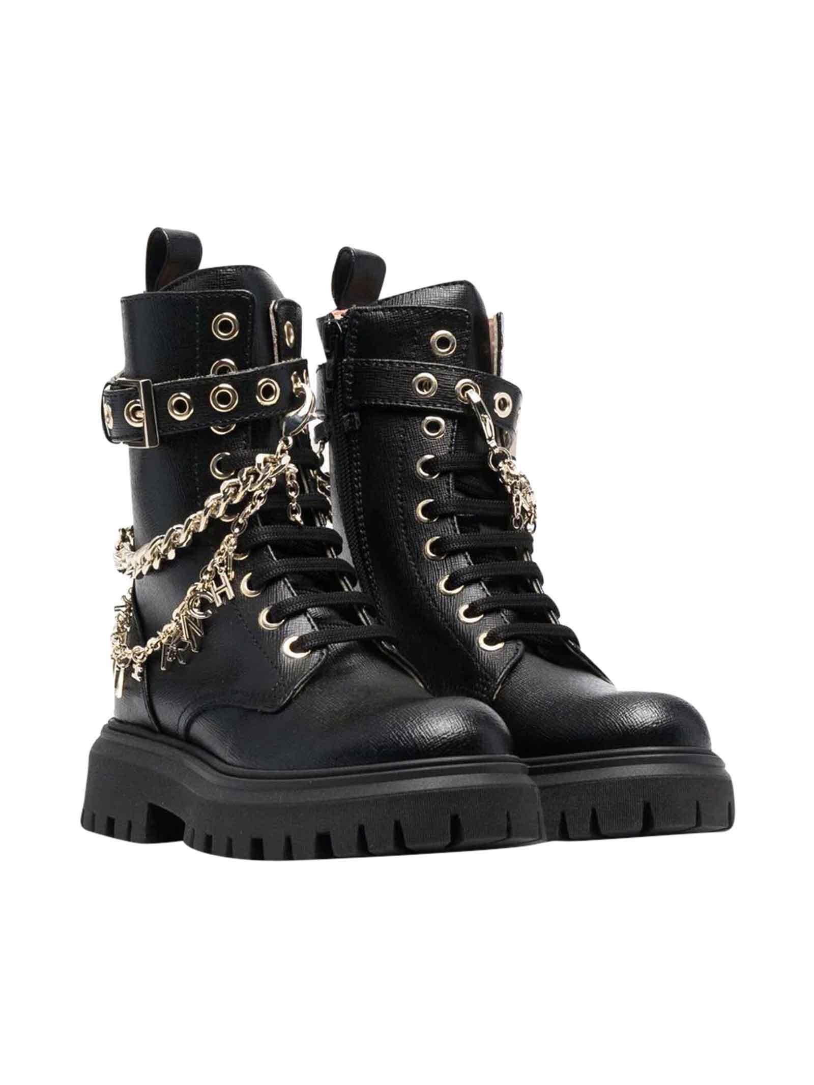 Elisabetta Franchi La Mia Bambina Black Teen Boots With Chains, Round Tip And Laces Kids