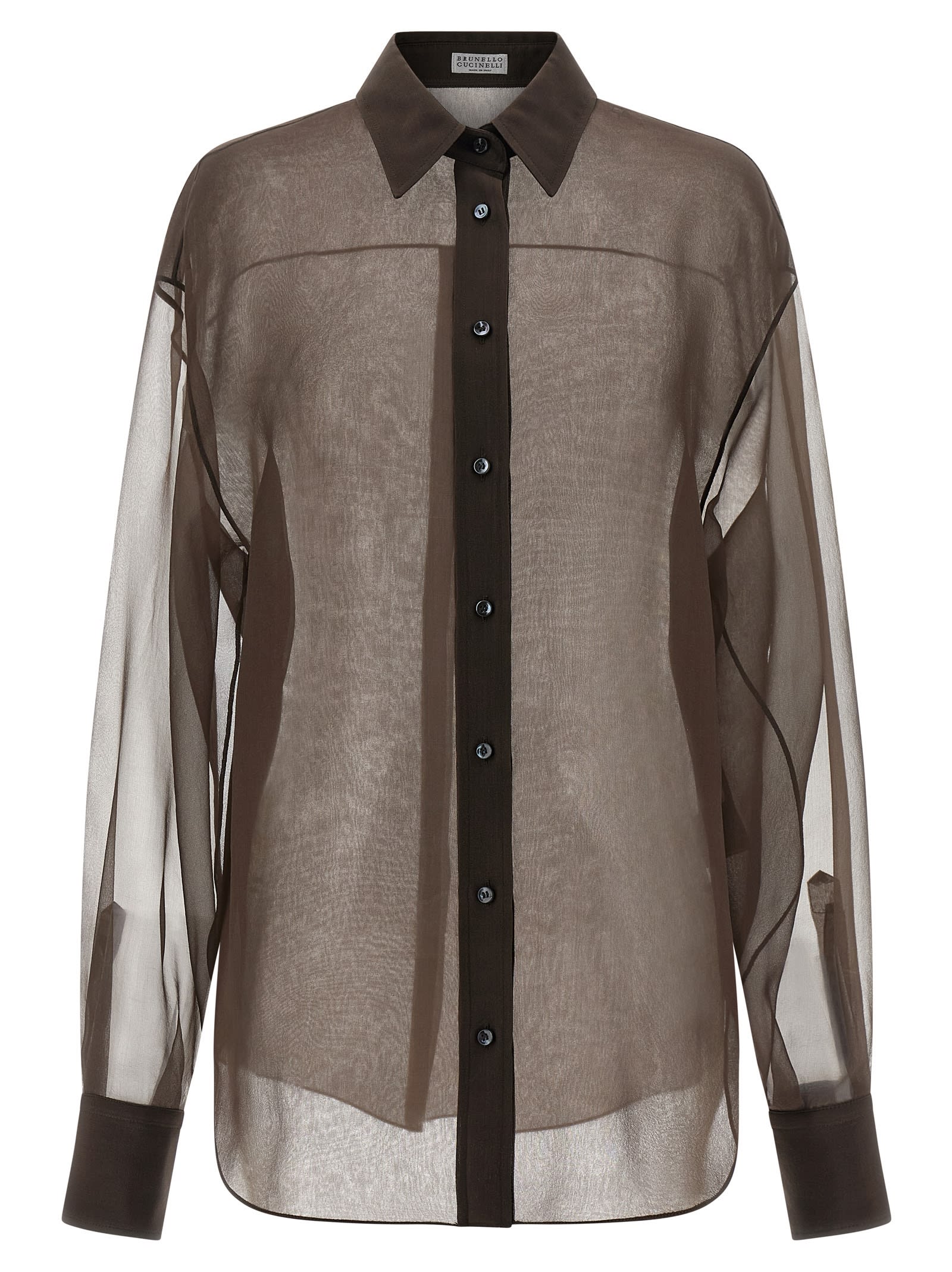 Brunello Cucinelli Sheer Long Sleeve Buttoned Cuff Shirt In Brown
