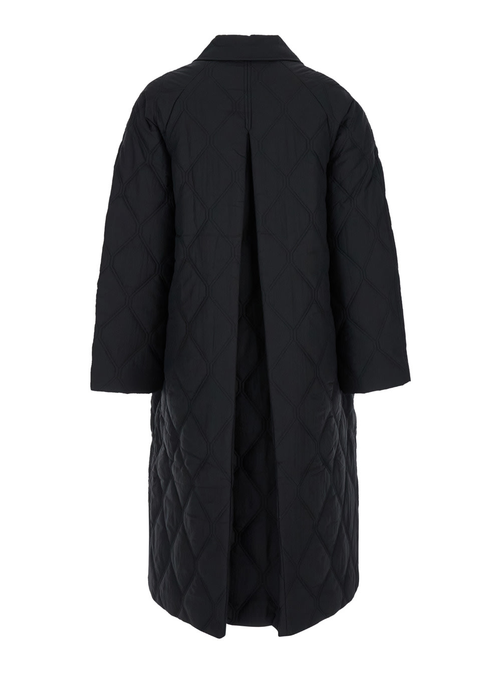 Shop Ganni Midi Black Quilted Coat In Recycled Fabric Woman