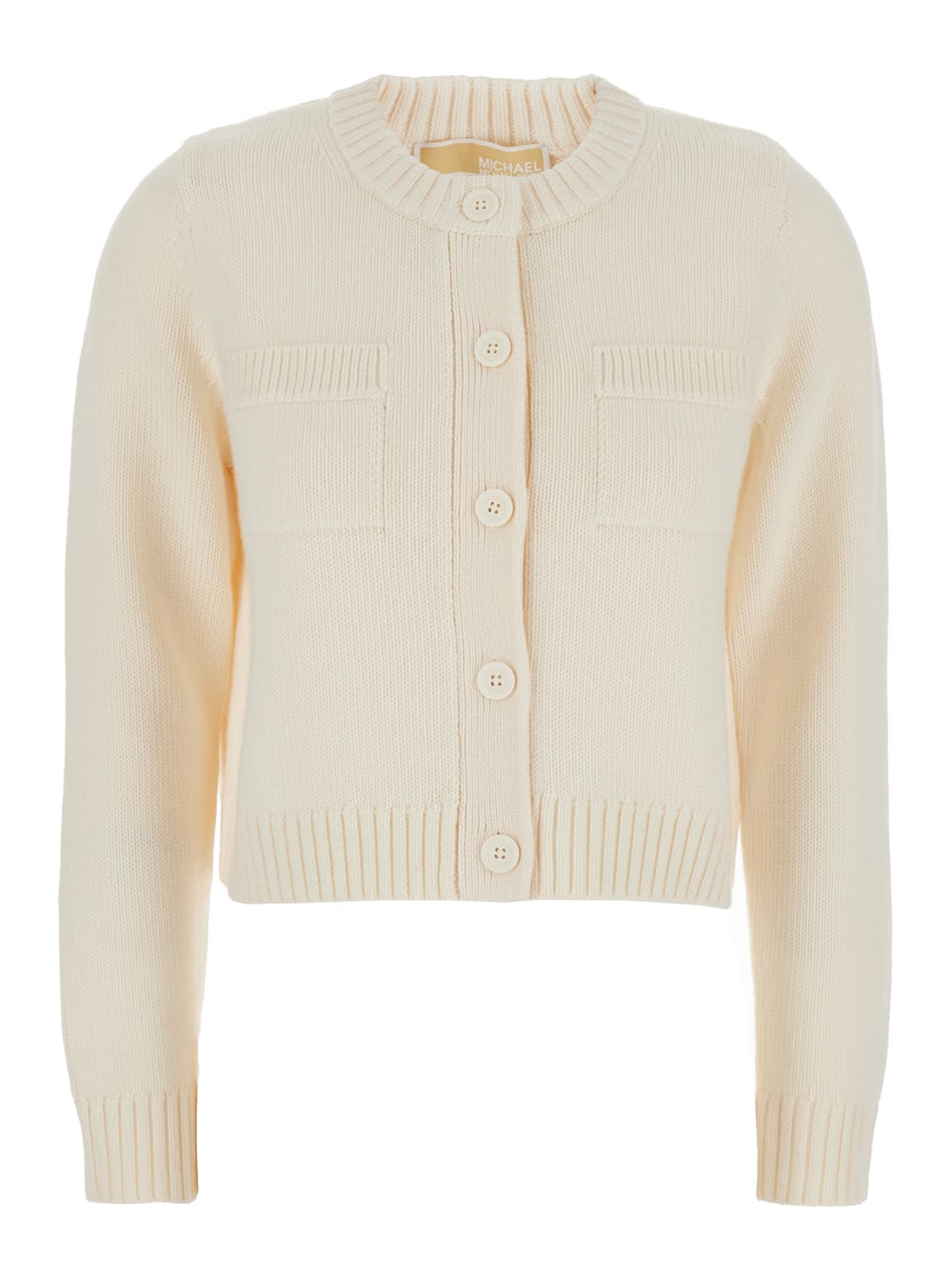 White Crewneck Cardigan With Ribbed Trims In Wool Woman
