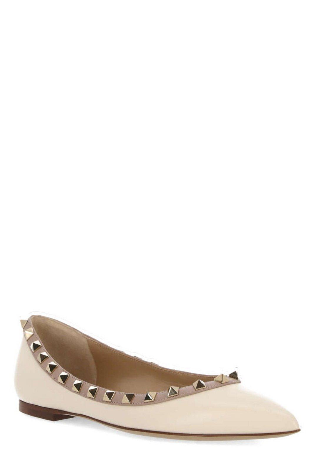 Shop Valentino Garavani Rockstud Pointed Toe Ballerina Shoes In White