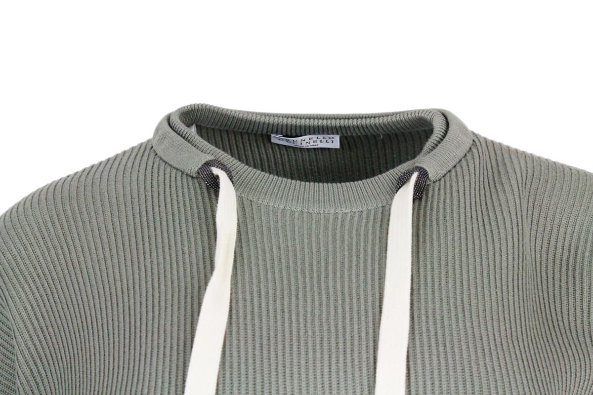 Shop Brunello Cucinelli Half English Rib Crew Neck Sweater With Neck Ties With Contrasting Colored Monili In Green