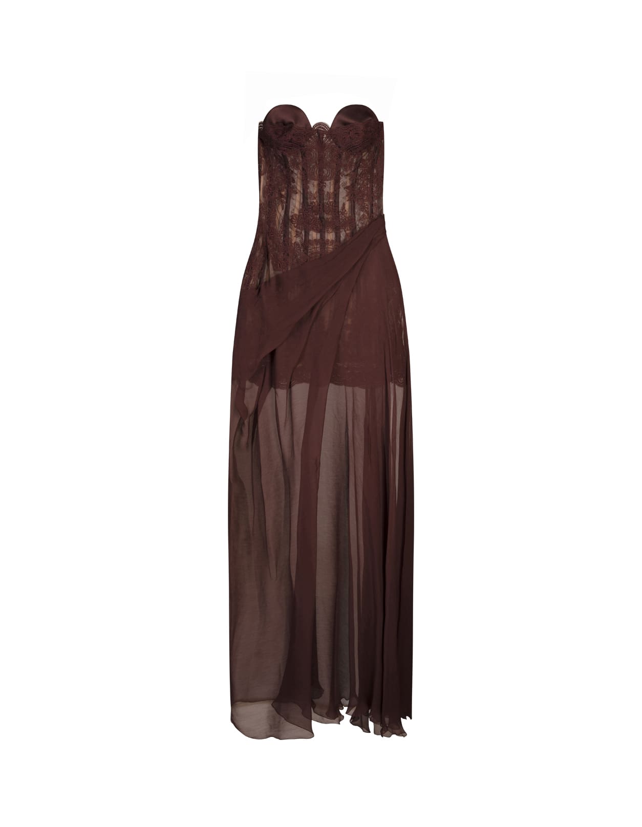 ERMANNO SCERVINO BROWN BUSTIER DRESS IN LACE WITH SILK SKIRT 