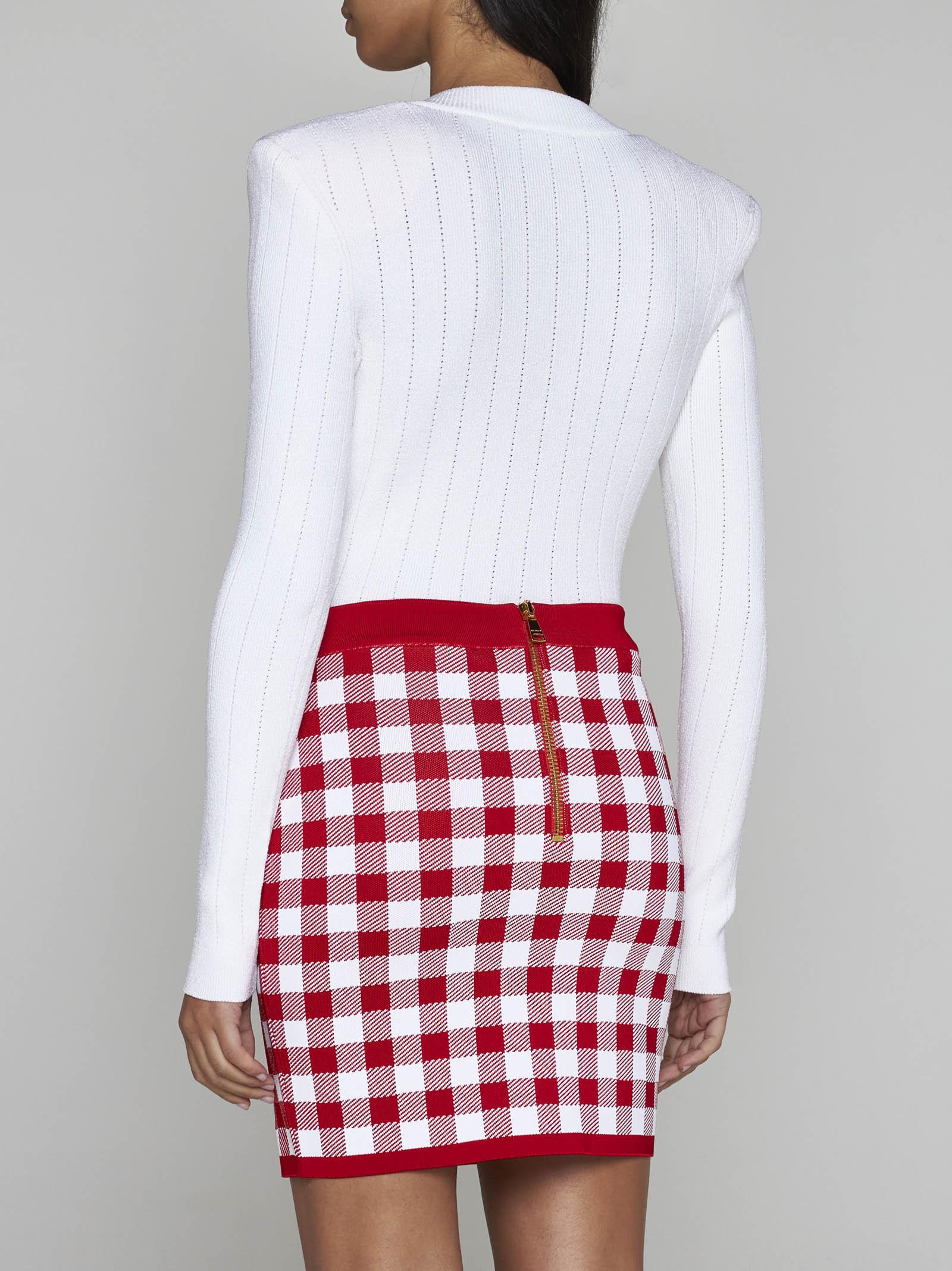 Shop Balmain Vichy Viscose-blend Knit Miniskirt In Red