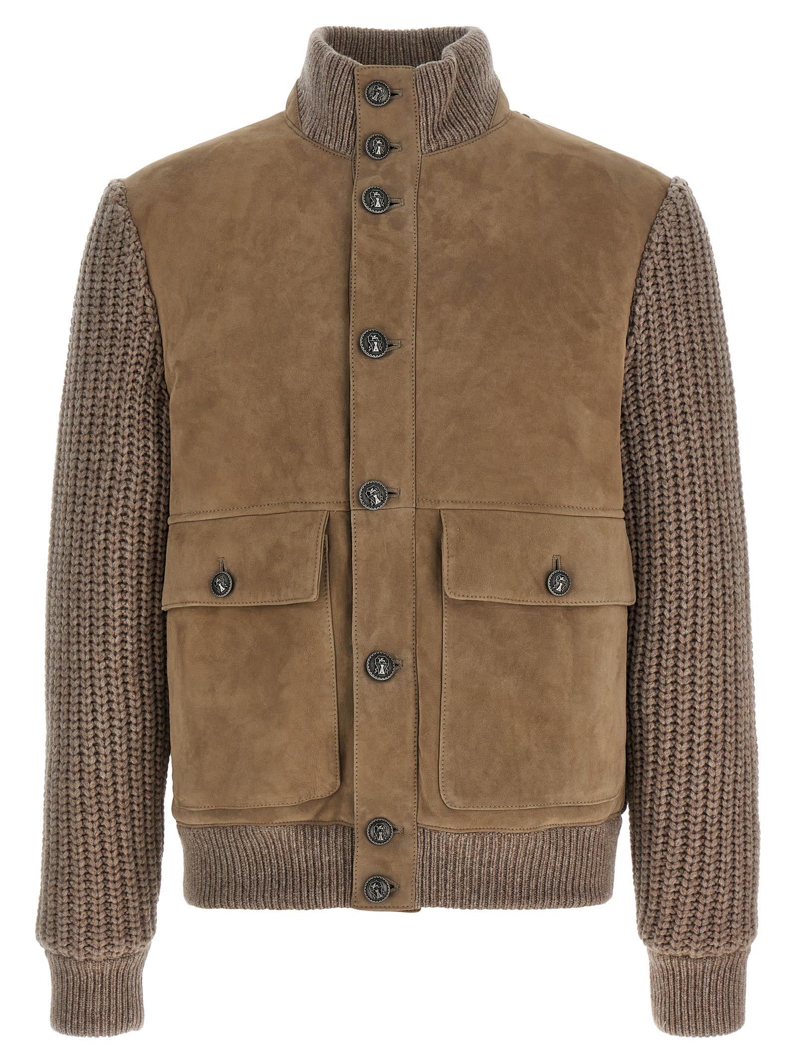 Brunello Cucinelli Bomber Jacket With Knitted Back And Textured Knit Sleeves In Brown