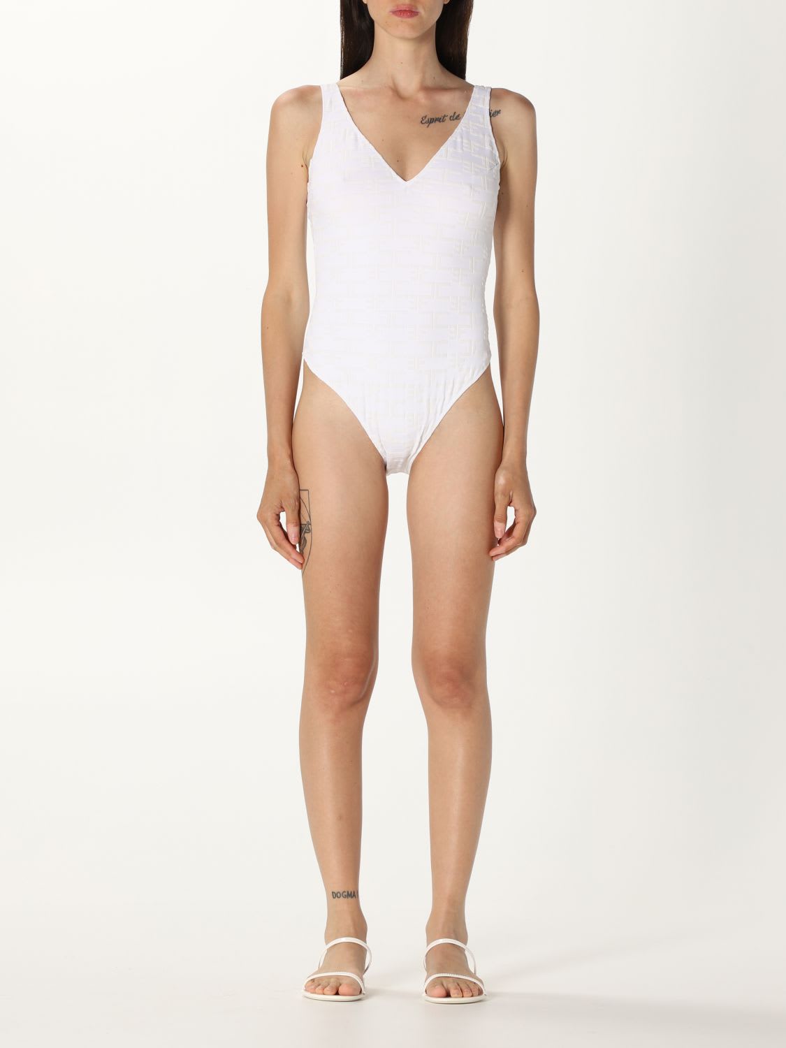 ELISABETTA FRANCHI ONE-PIECE SWIMSUIT WITH ALL-OVER LOGO,CS22B GESSO
