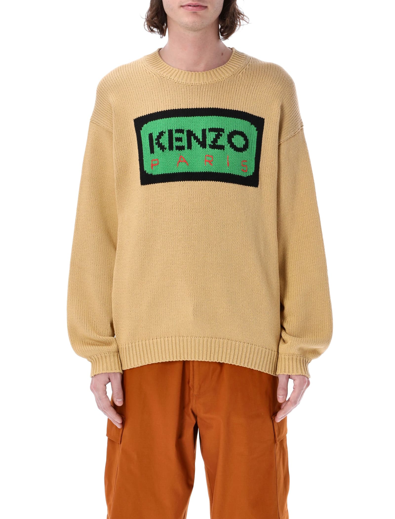 Kenzo Logo Intarsia Crew Neck Jumper In Beige